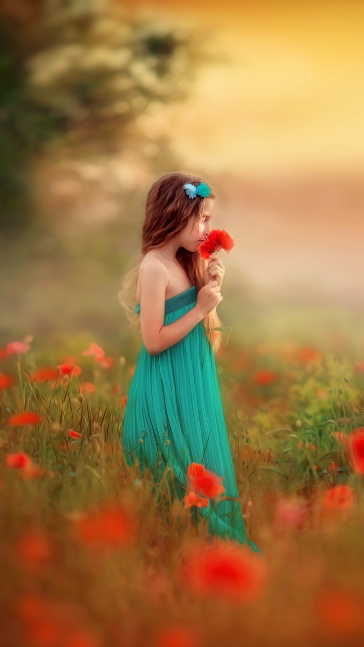 Download mobile wallpaper Summer, Child, Poppy, Dress, Photography, Red Flower, Depth Of Field for free.