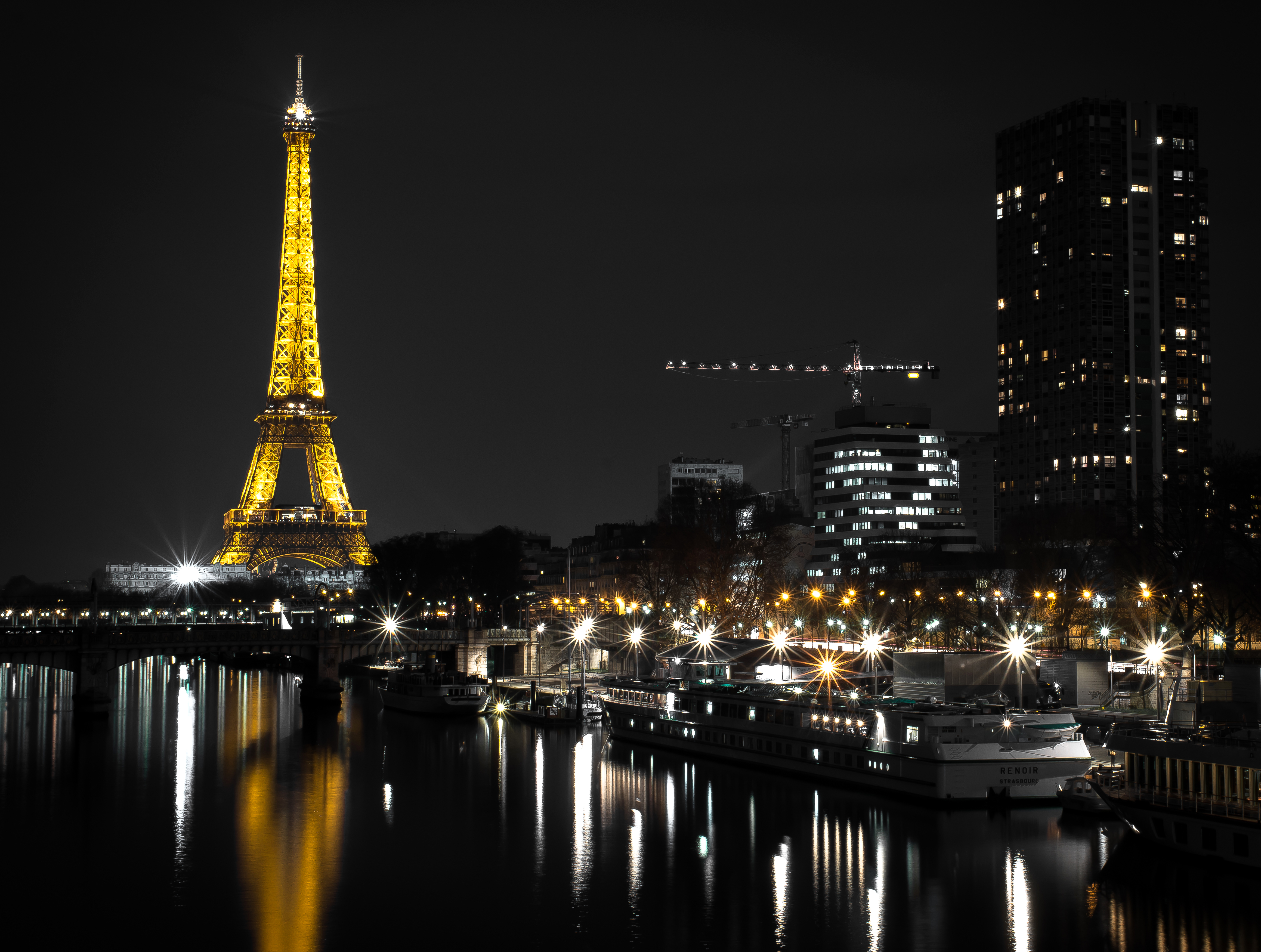 Free download wallpaper Night, Paris, Eiffel Tower, Monuments, Reflection, Light, France, Boat, River, Monument, Man Made on your PC desktop