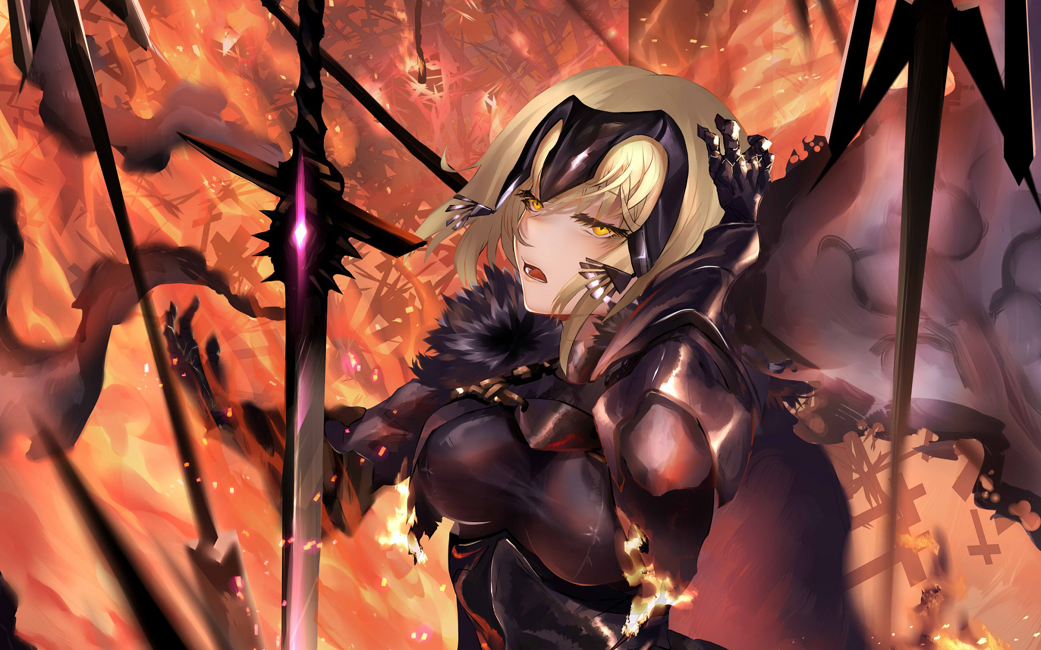 Download mobile wallpaper Anime, Fire, Blonde, Yellow Eyes, Sword, Short Hair, Fate/grand Order, Jeanne D'arc Alter, Avenger (Fate/grand Order), Fate Series for free.