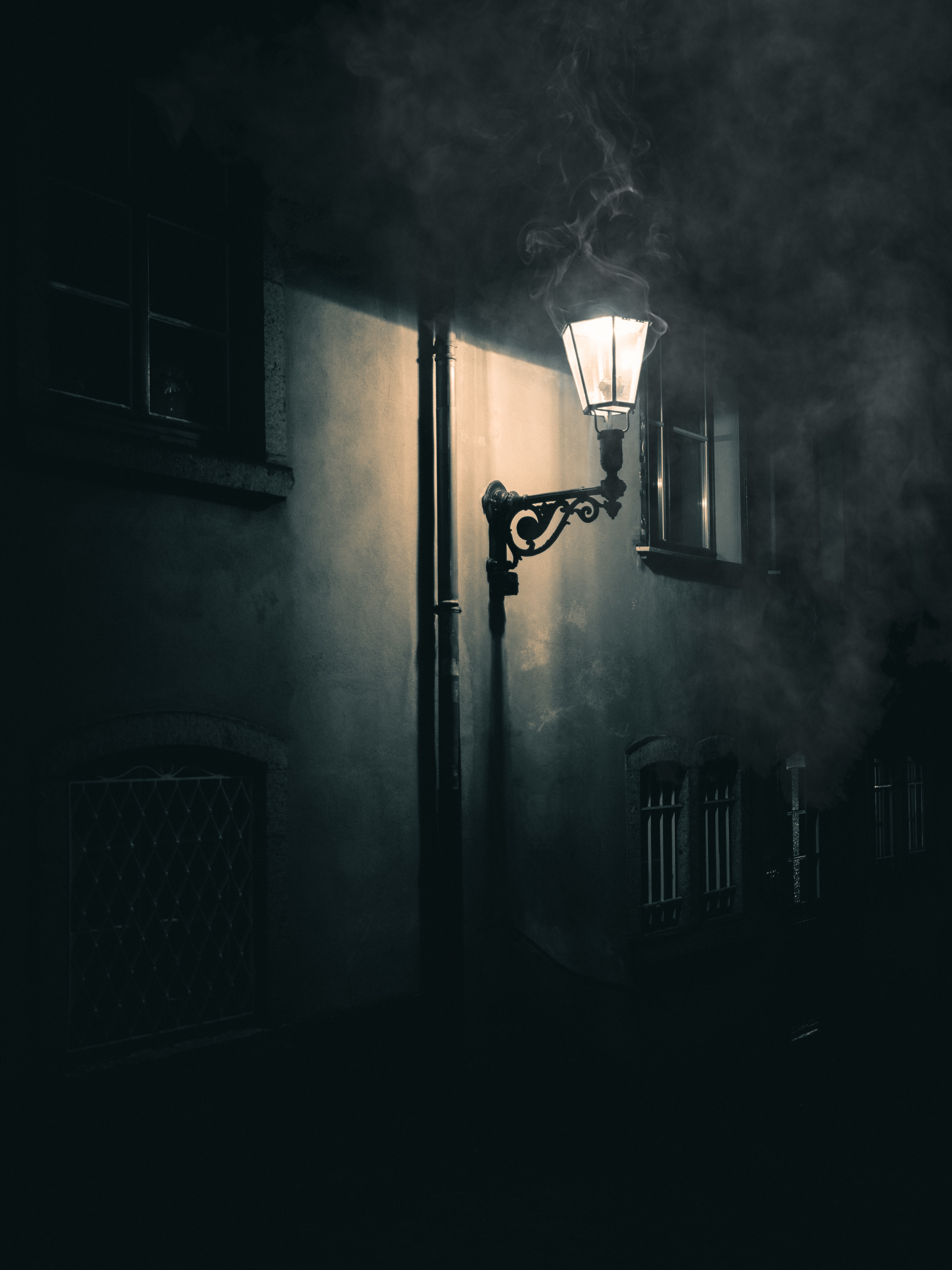 lamp, smoke, dark, wall, lantern, glow