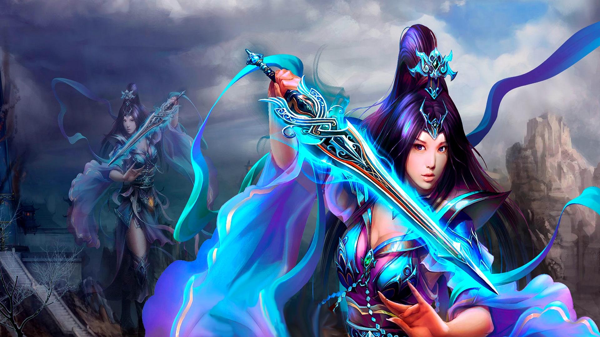 Free download wallpaper Fantasy, Sword, Long Hair, Purple Eyes, Women Warrior, Woman Warrior, Purple Hair, Ponytail on your PC desktop