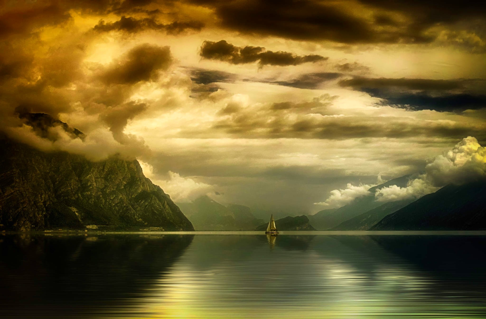 Free download wallpaper Sunset, Mountain, Lake, Reflection, Sailboat, Cloud, Vehicles on your PC desktop