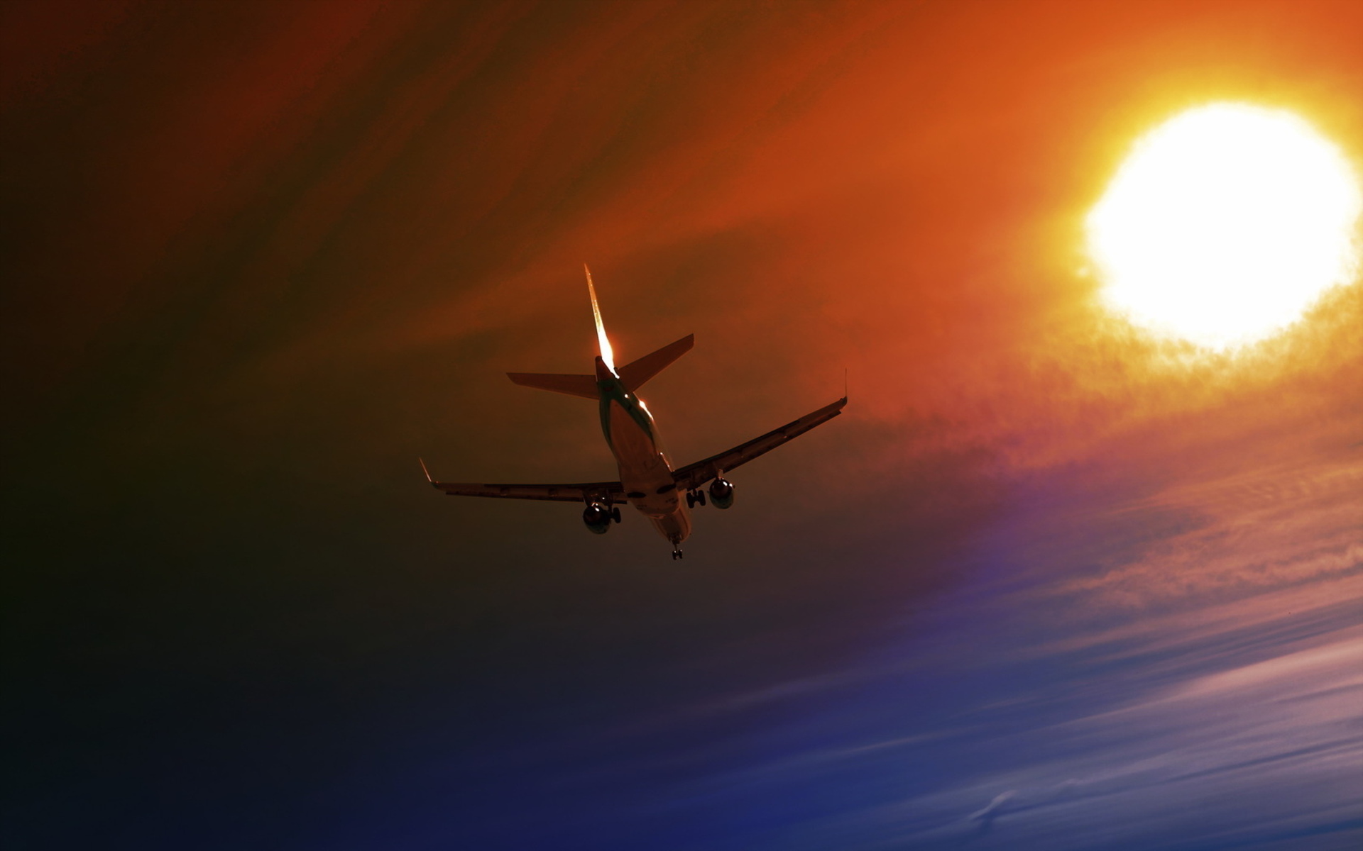 Laden Sie das Fliegen, Flugzeug, Himmel, Sonnenuntergang, Sonne, Fahrzeuge-Bild kostenlos auf Ihren PC-Desktop herunter