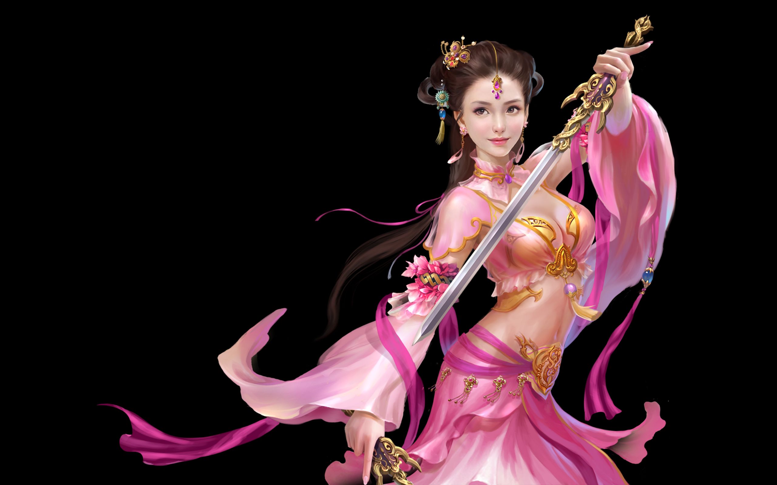 Download mobile wallpaper Fantasy, Pink, Brunette, Oriental, Sword, Long Hair, Women Warrior, Woman Warrior for free.