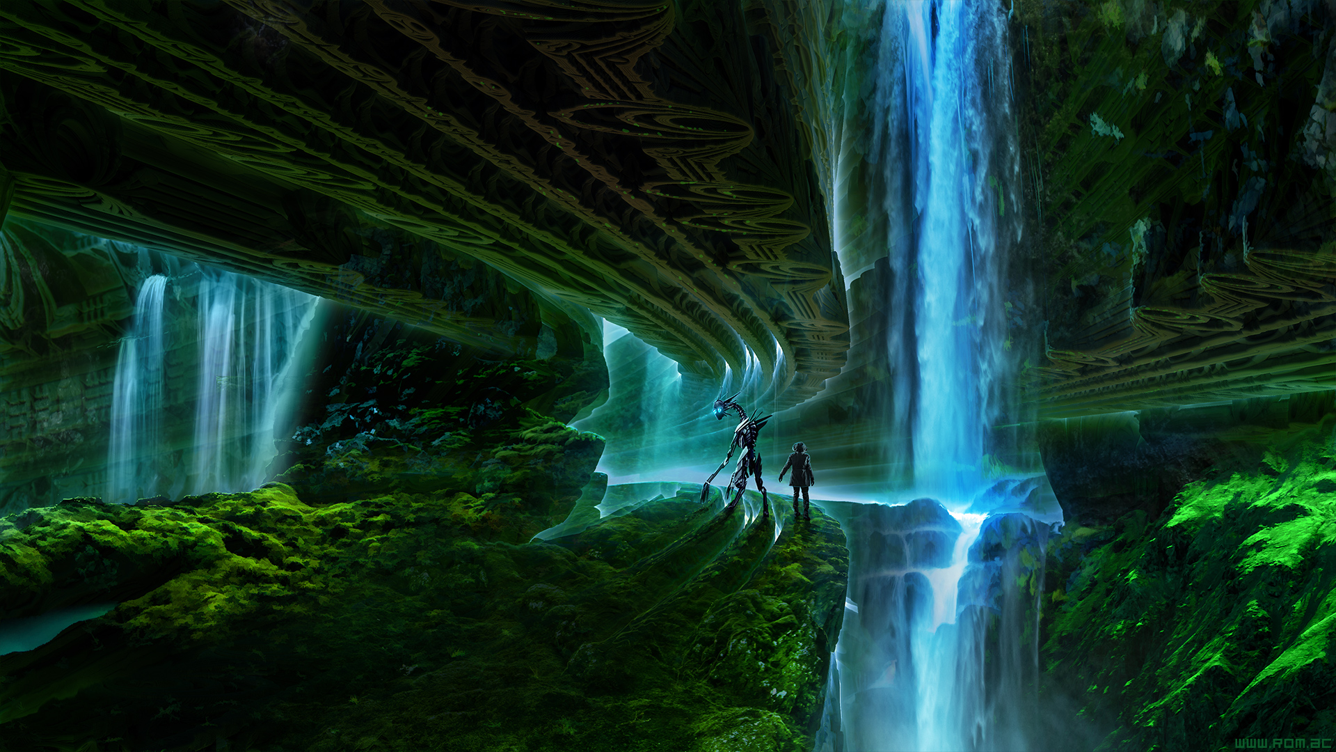 Download mobile wallpaper Waterfall, Robot, Underground, Romantically Apocalyptic, Comics for free.