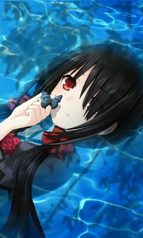 Descarga gratuita de fondo de pantalla para móvil de Agua, Lindo, Animado, Pelo Largo, Ojos Rojos, Pelo Negro, Fecha Un Vivo, Kuromi Tokisaki.