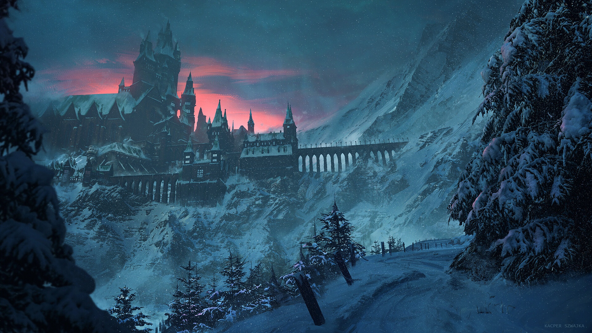 Download mobile wallpaper Winter, Fantasy, Snow, Castles, Mountain, Bridge, Castle for free.