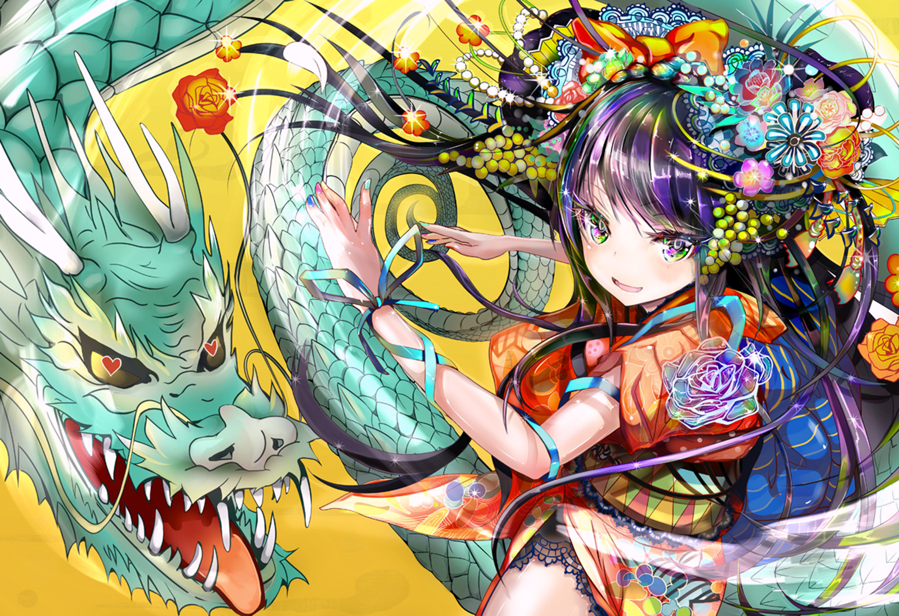 Free download wallpaper Anime, Flower, Dragon, Original, Long Hair, Purple Eyes, Purple Hair, Yukata on your PC desktop