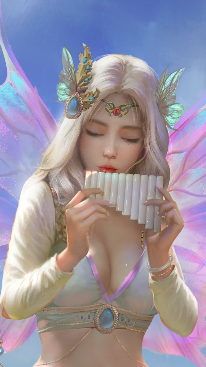 Download mobile wallpaper Fantasy, Wings, Fairy, Flute, White Hair for free.
