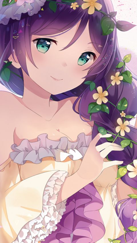 Download mobile wallpaper Anime, Flower, Smile, Dress, Headdress, Green Eyes, Braid, Blush, Long Hair, Purple Hair, Nozomi Tojo, Love Live! for free.