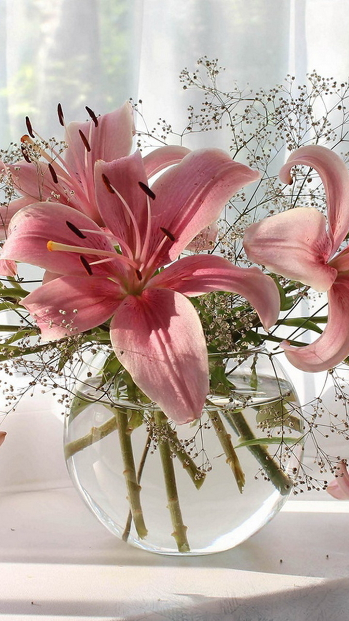 Download mobile wallpaper Flower, Vase, Lily, Man Made, Pink Flower for free.