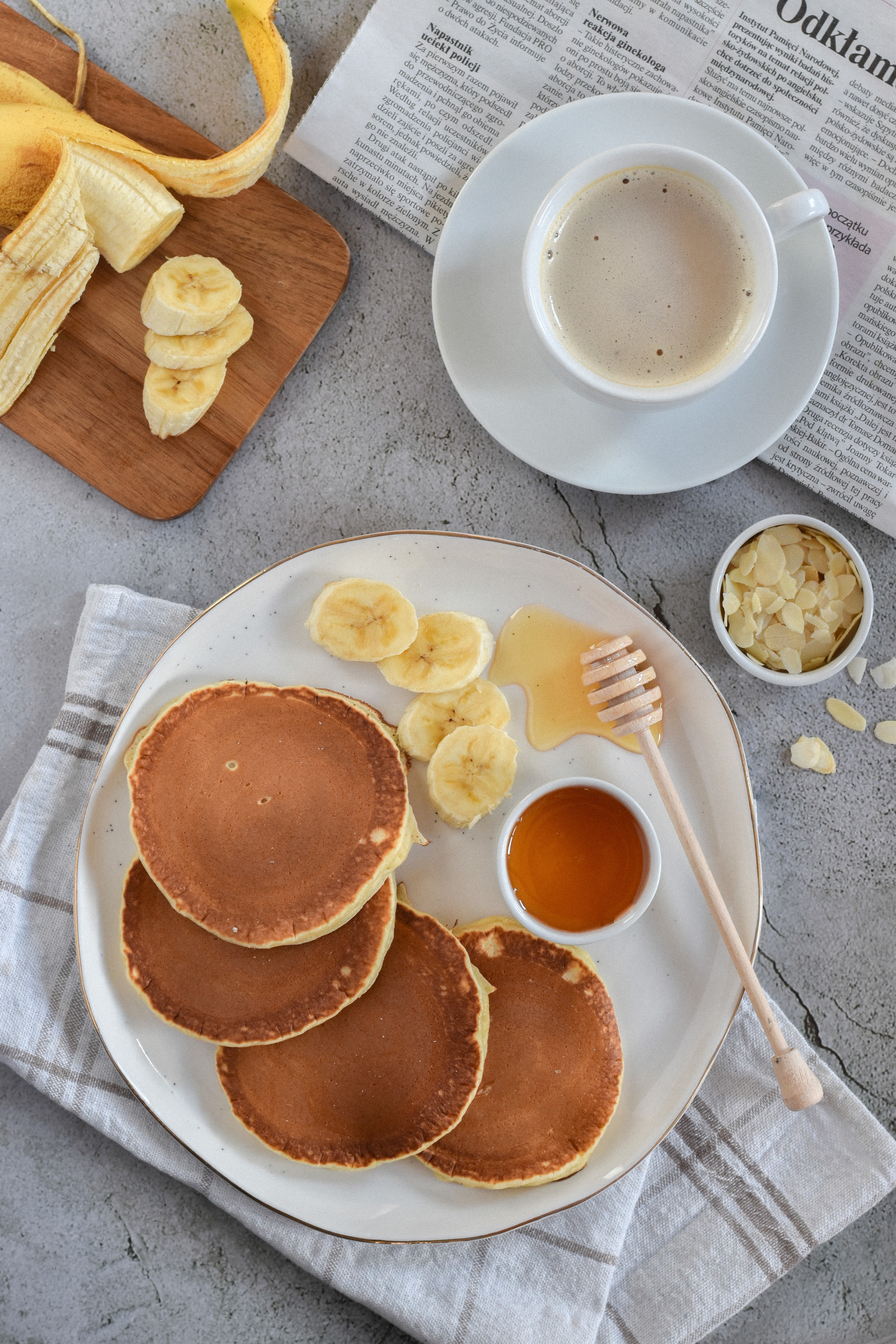 coffee, pancakes, breakfast, food, bananas, honey