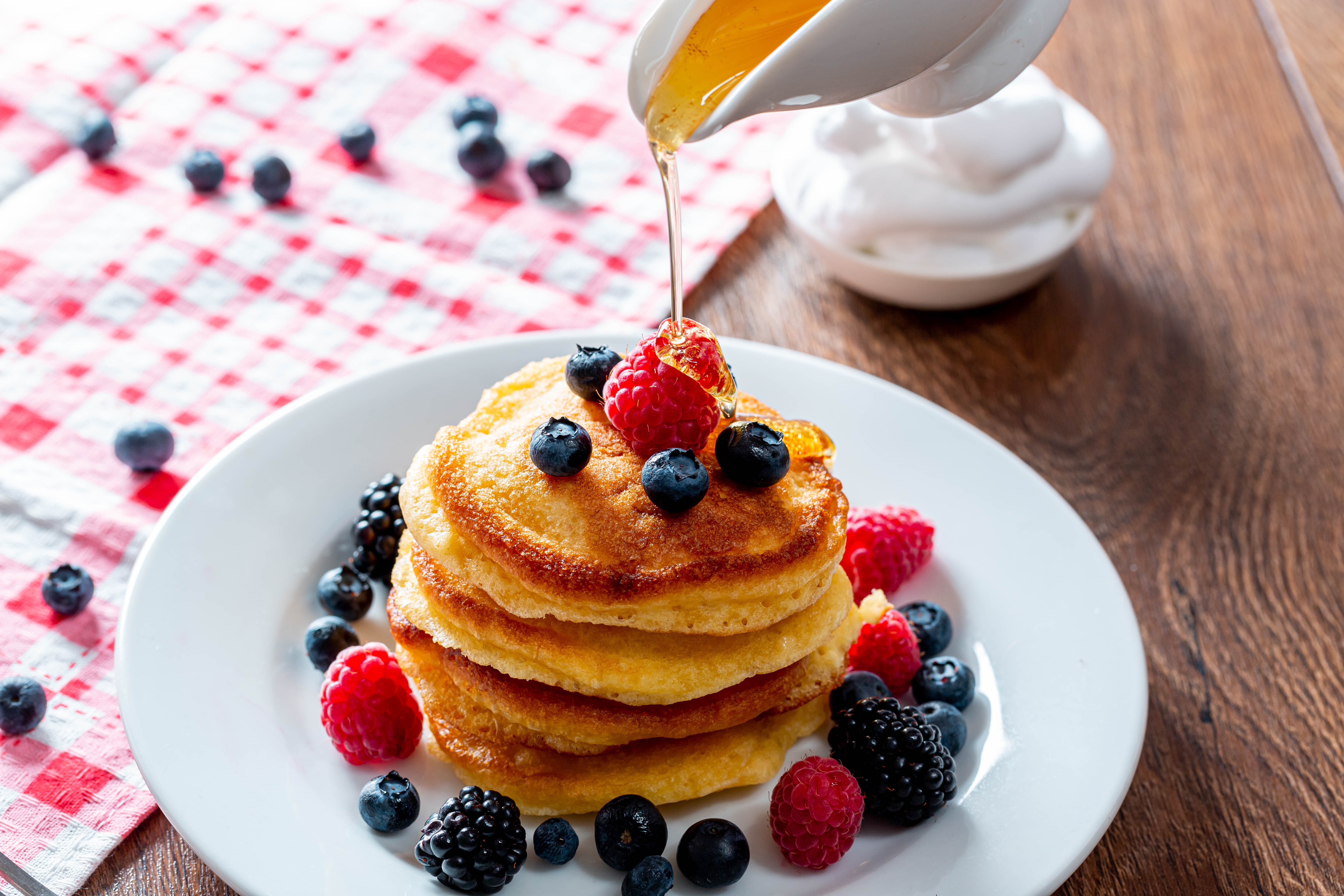 Download mobile wallpaper Food, Blueberry, Raspberry, Berry, Fruit, Honey, Breakfast, Pancake for free.