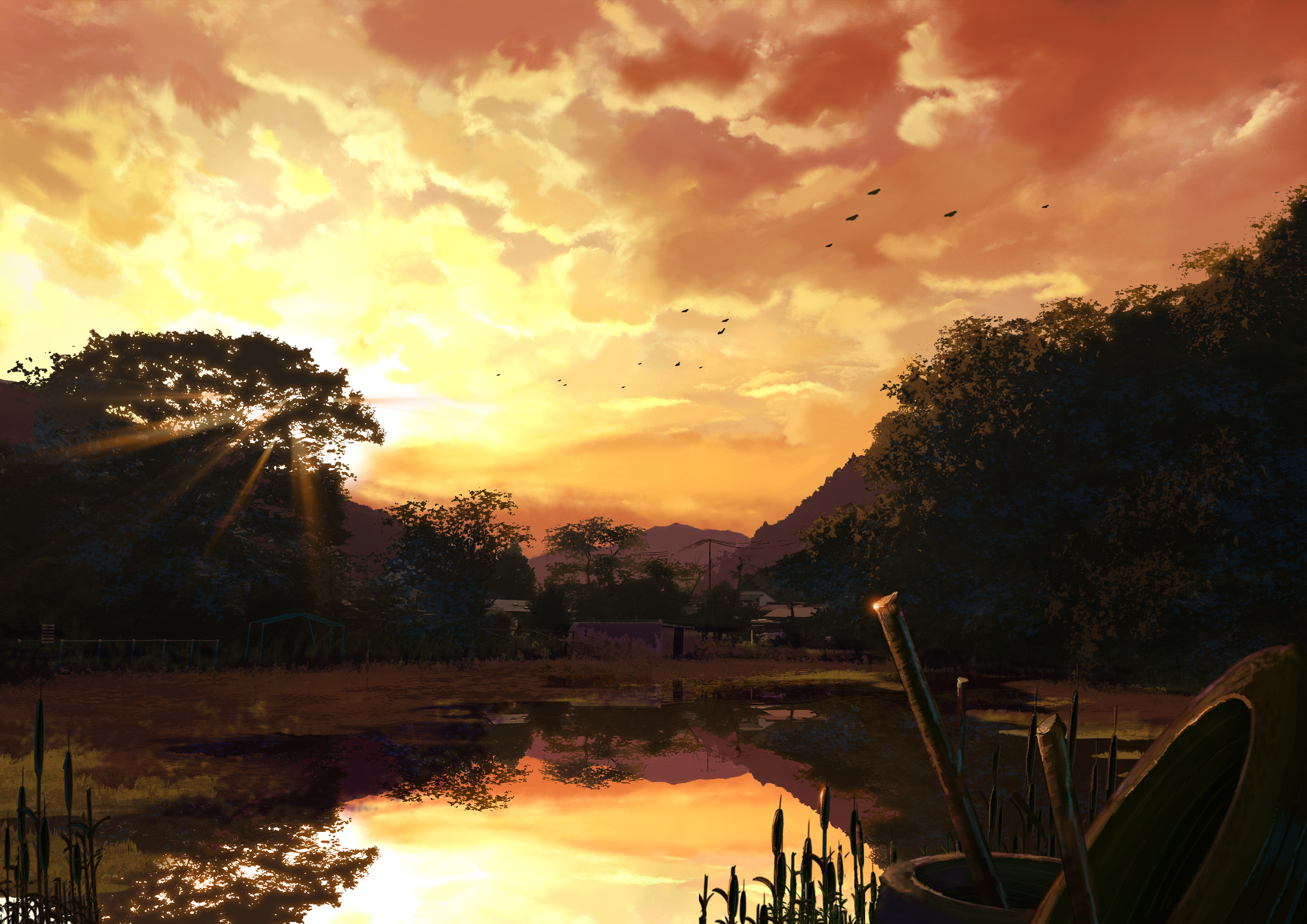 Free download wallpaper Anime, Sunset, Sky, Lake on your PC desktop