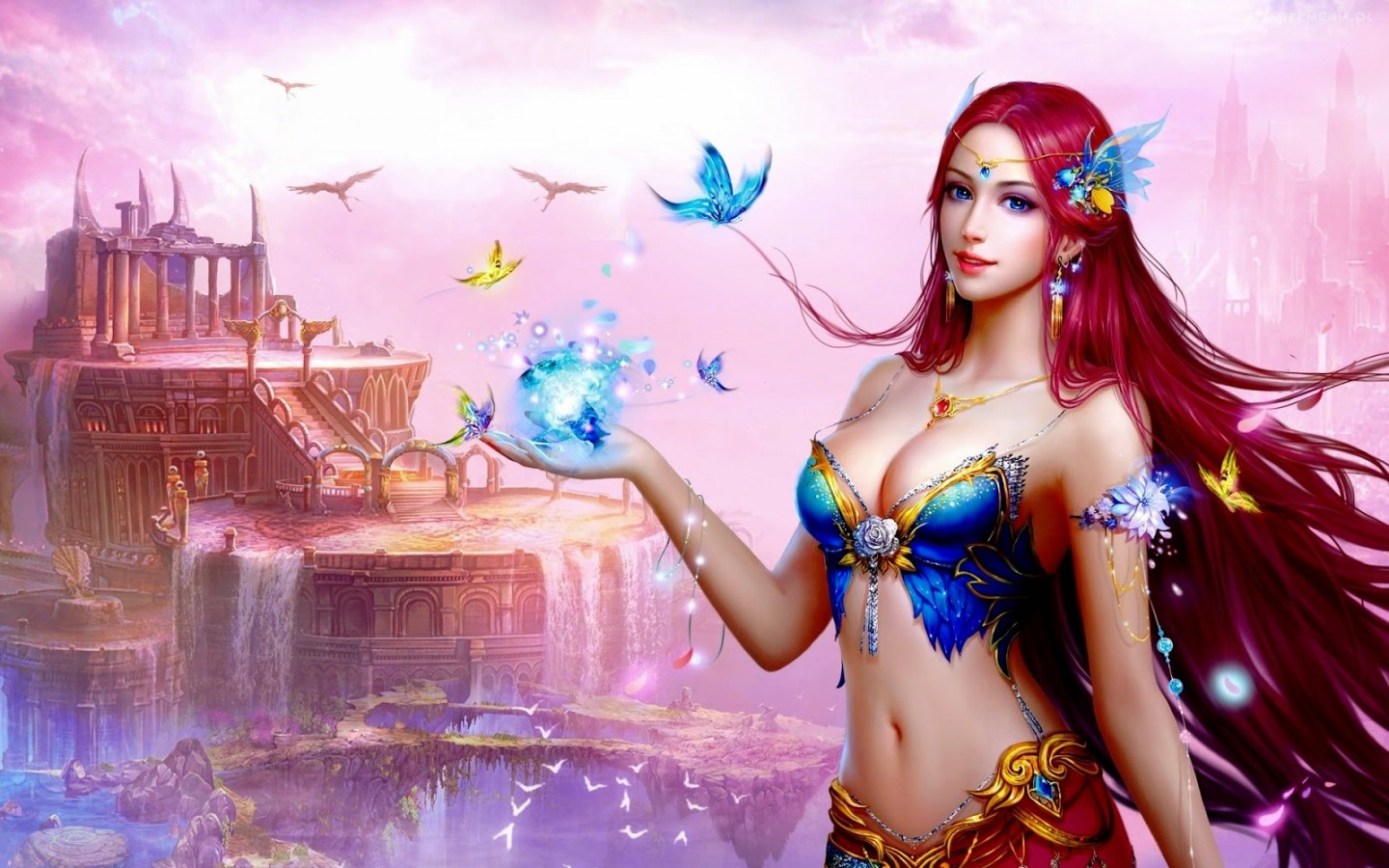Download mobile wallpaper Magic, Fantasy, Butterfly, Women, Blue Eyes, Castle, Long Hair, Red Hair for free.