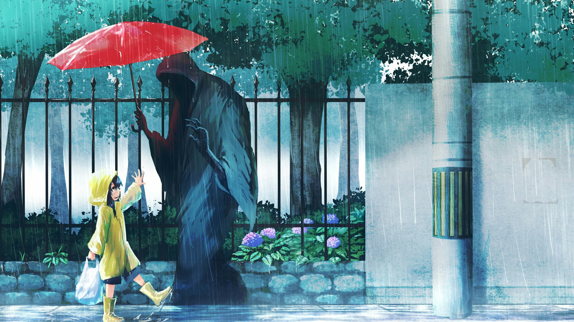 death, rain, original, anime, umbrella