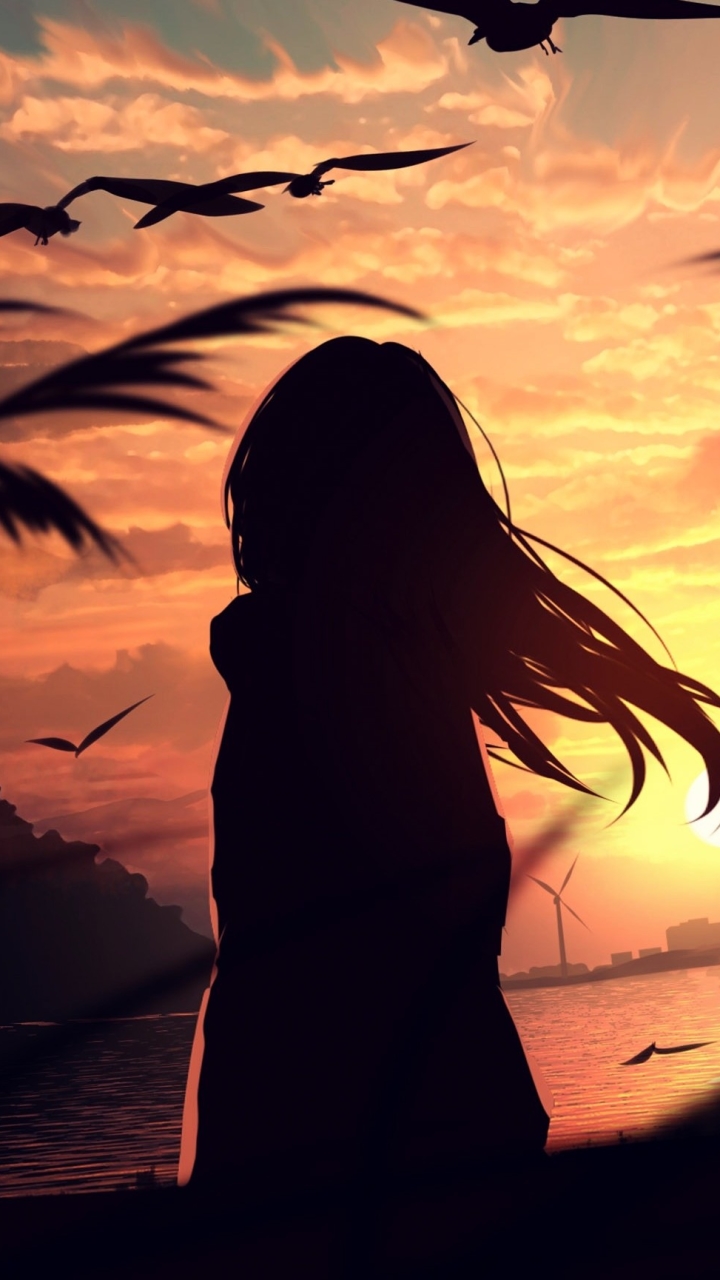 Download mobile wallpaper Anime, Sunset, Girl for free.