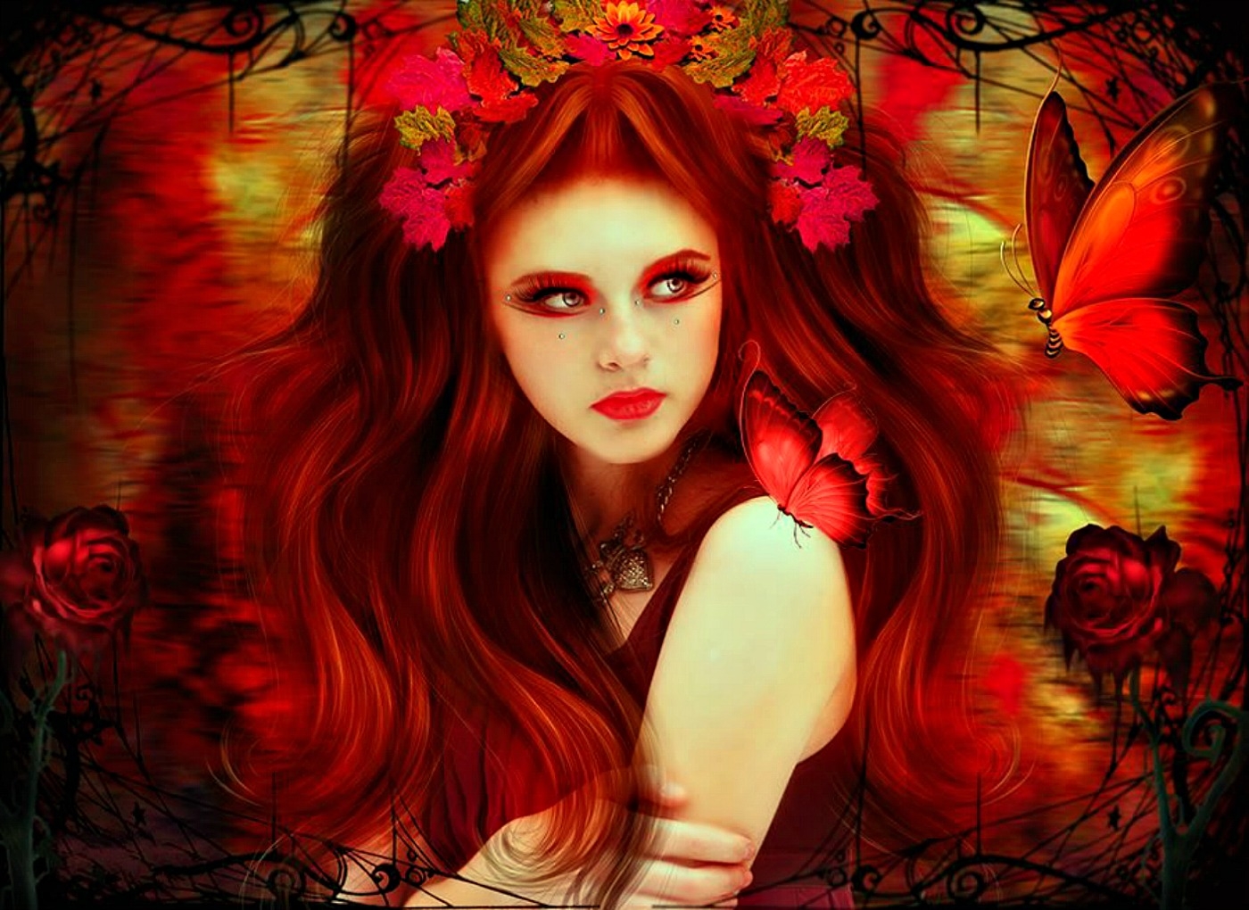 Download mobile wallpaper Fantasy, Rose, Women, Red Rose, Red Hair for free.