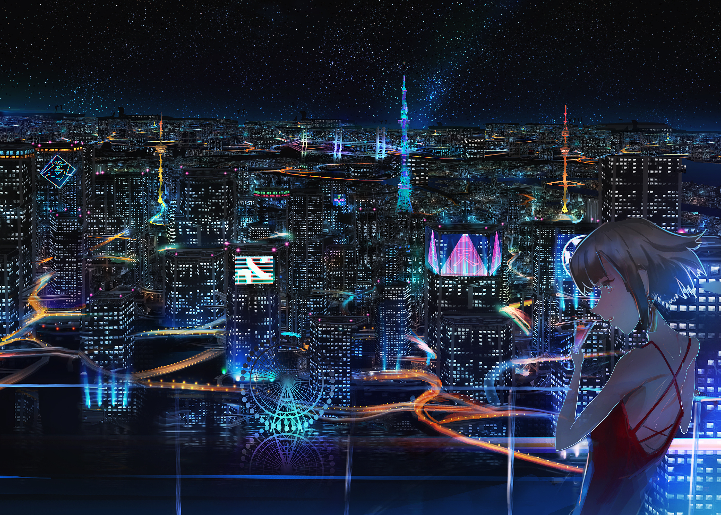 Скачать картинку Аниме, Город, Звездное Небо в телефон бесплатно.