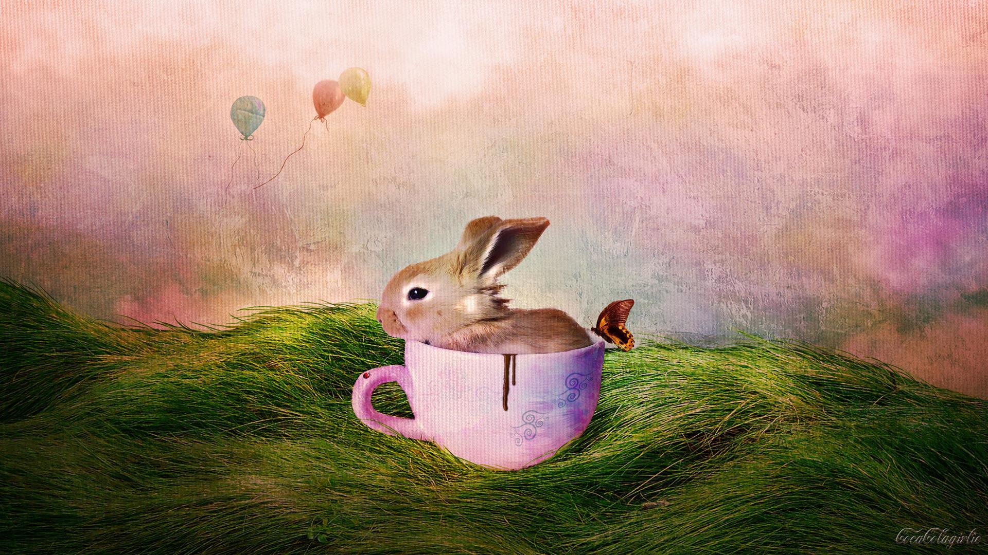 Download mobile wallpaper Grass, Easter, Cup, Holiday, Balloon, Painting, Artistic, Bunny for free.