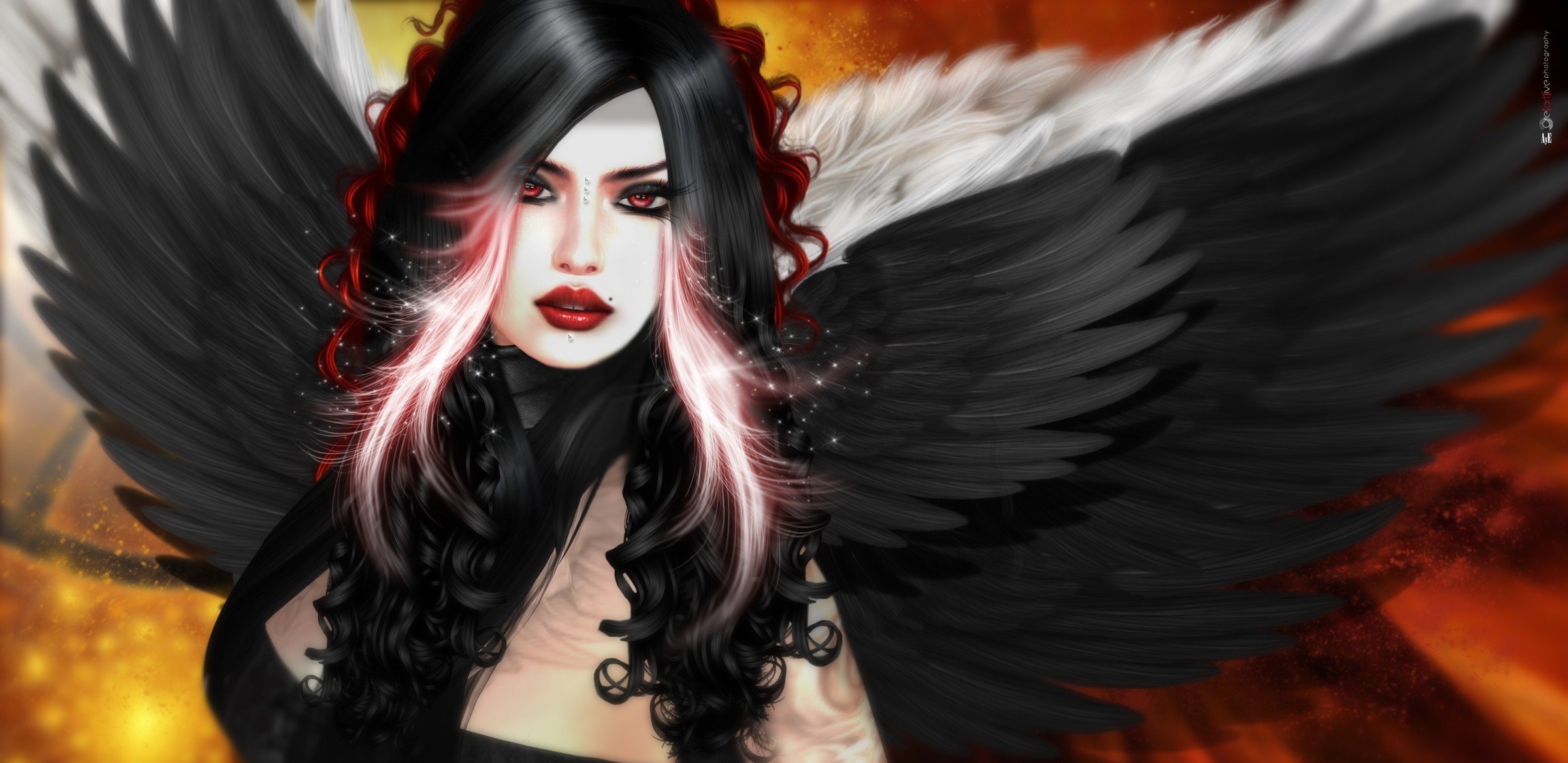 Laden Sie das Fantasie, Engel, Flügel, Rote Augen, Lippenstift-Bild kostenlos auf Ihren PC-Desktop herunter