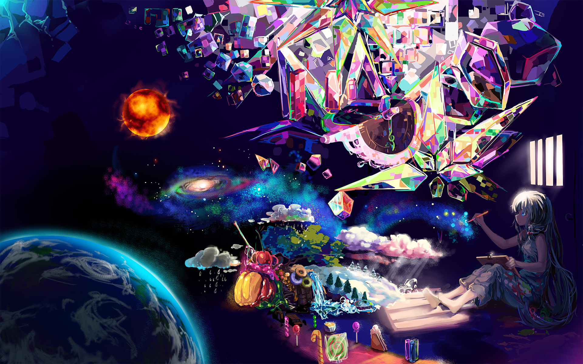 Free download wallpaper Anime, Sun, Drawing, Earth, Galaxy, Sunlight, Original on your PC desktop