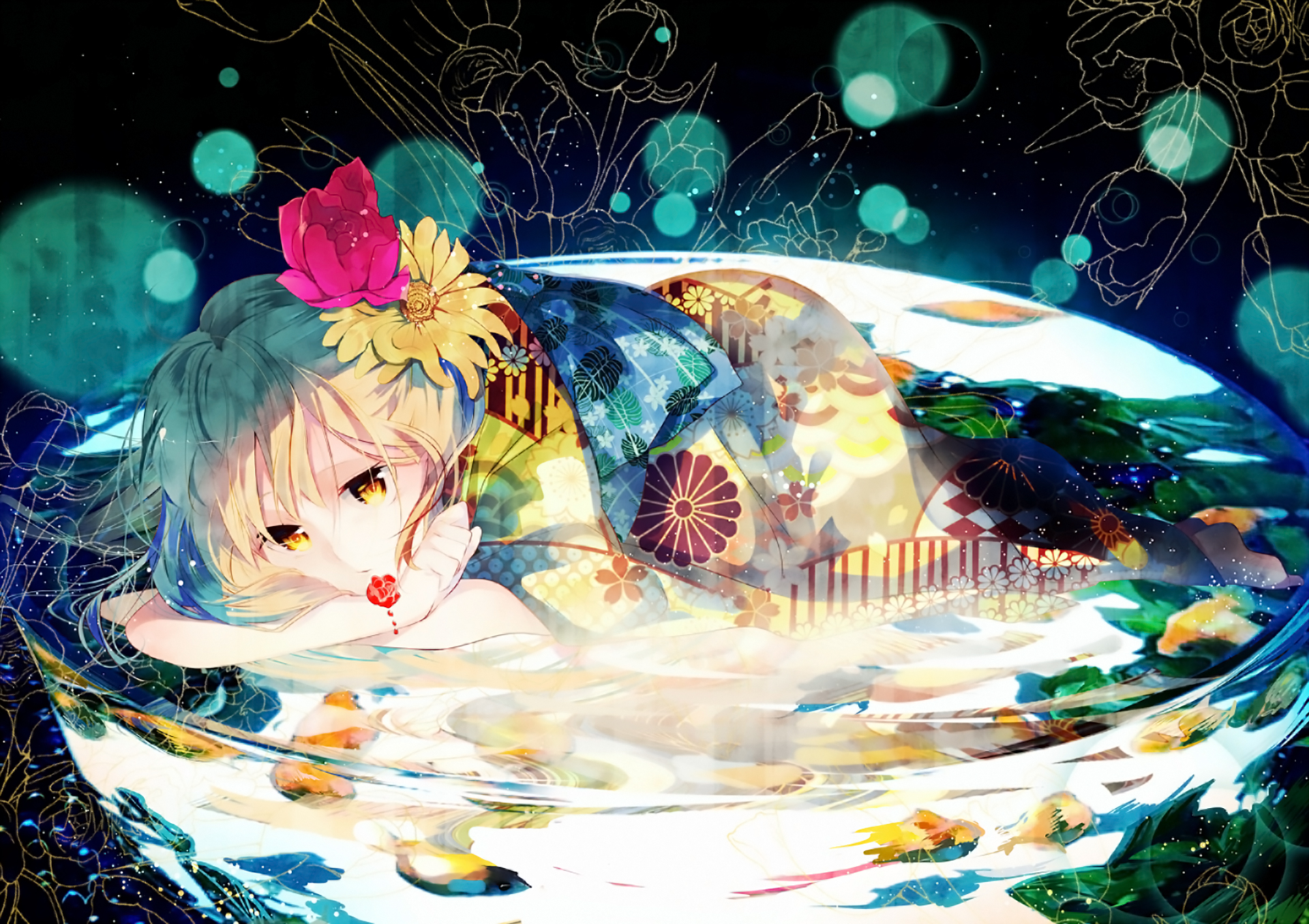 Download mobile wallpaper Anime, Water, Reflection, Flower, Blonde, Original, Japanese Clothes for free.