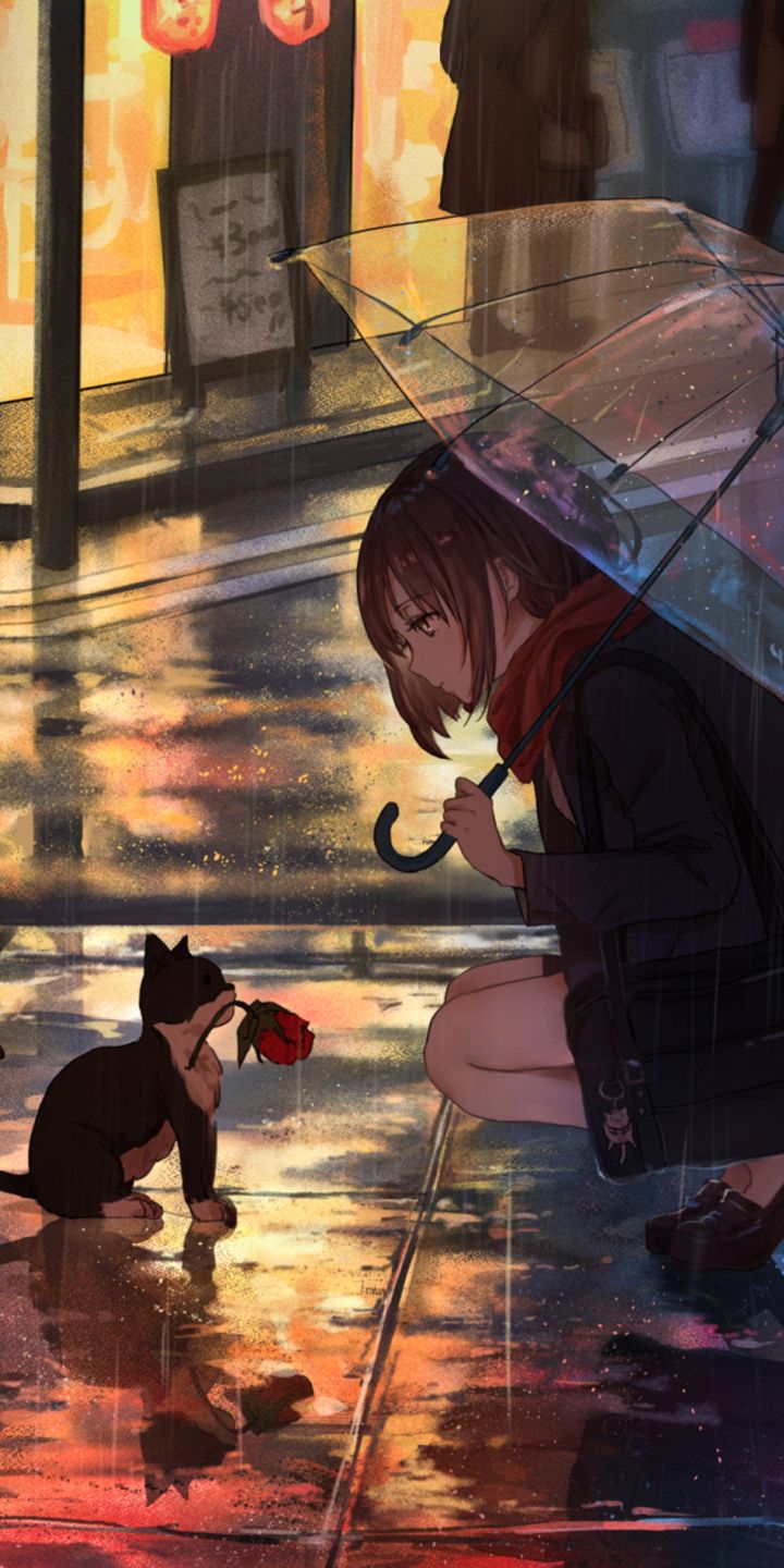 Handy-Wallpaper Katze, Kätzchen, Regenschirm, Original, Animes kostenlos herunterladen.