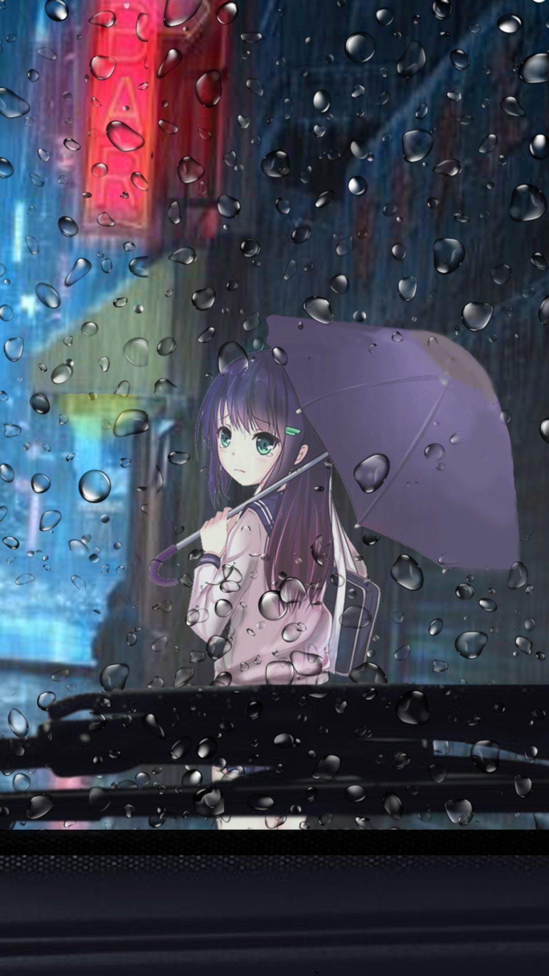 無料モバイル壁紙女の子, 雨, 夜, アニメをダウンロードします。