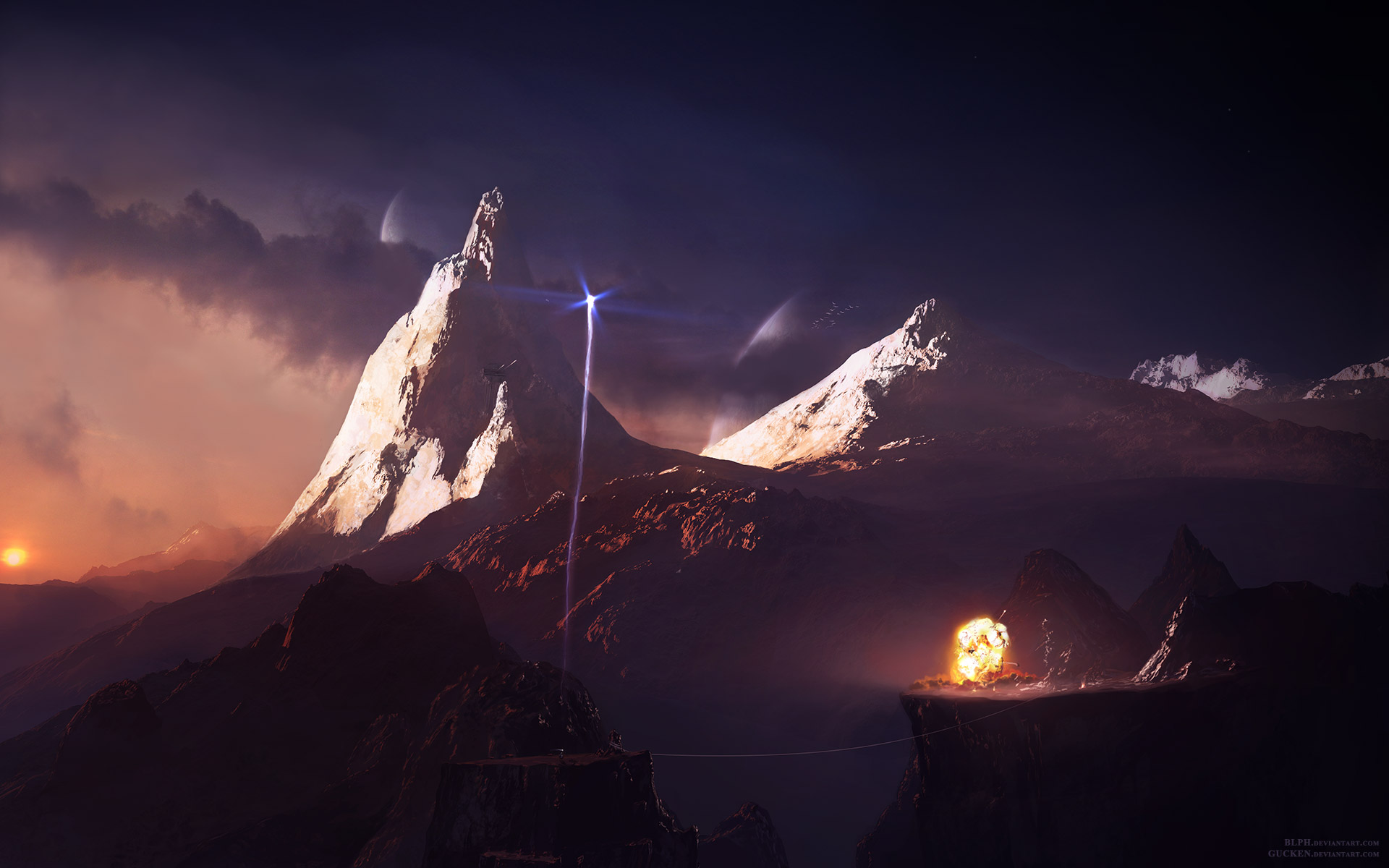 Free download wallpaper Fantasy, Sunset, Fire, Mountain, Sci Fi, Place on your PC desktop