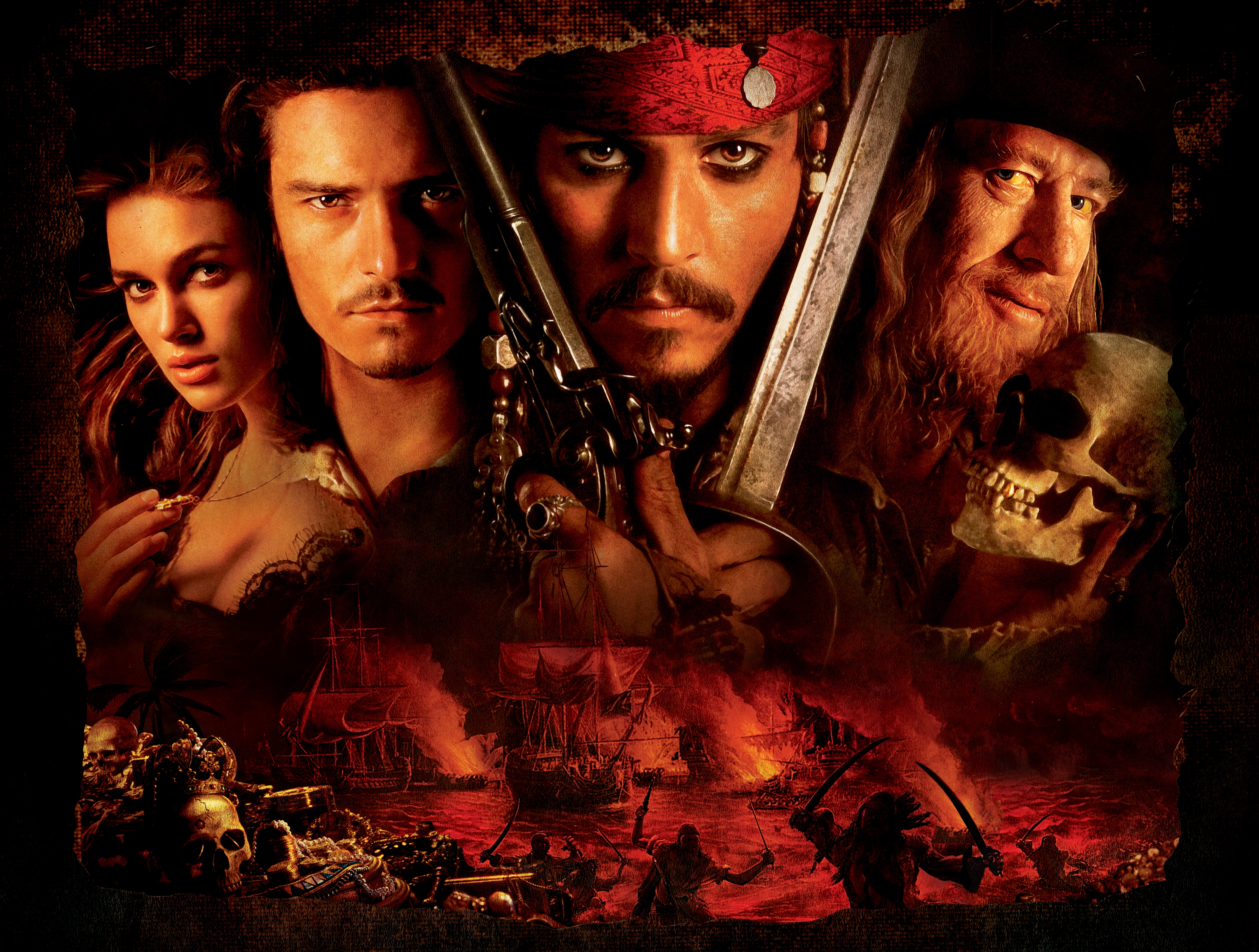 jack sparrow, movie, pirates of the caribbean: the curse of the black pearl, elizabeth swann, geoffrey rush, hector barbossa, johnny depp, keira knightley, orlando bloom, will turner, pirates of the caribbean