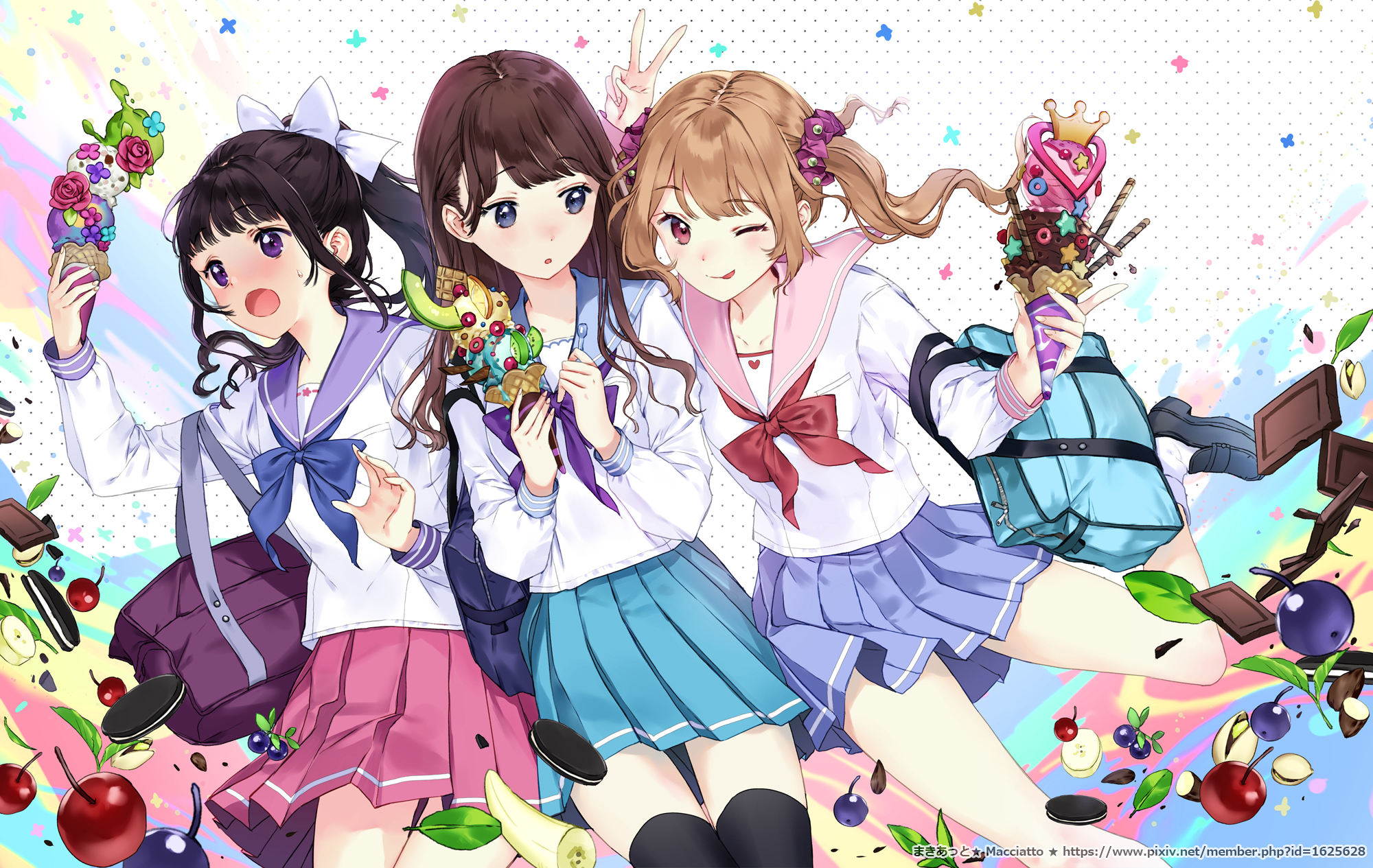 Download mobile wallpaper Anime, Ice Cream, Fruit, Schoolgirl, Original, School Uniform for free.