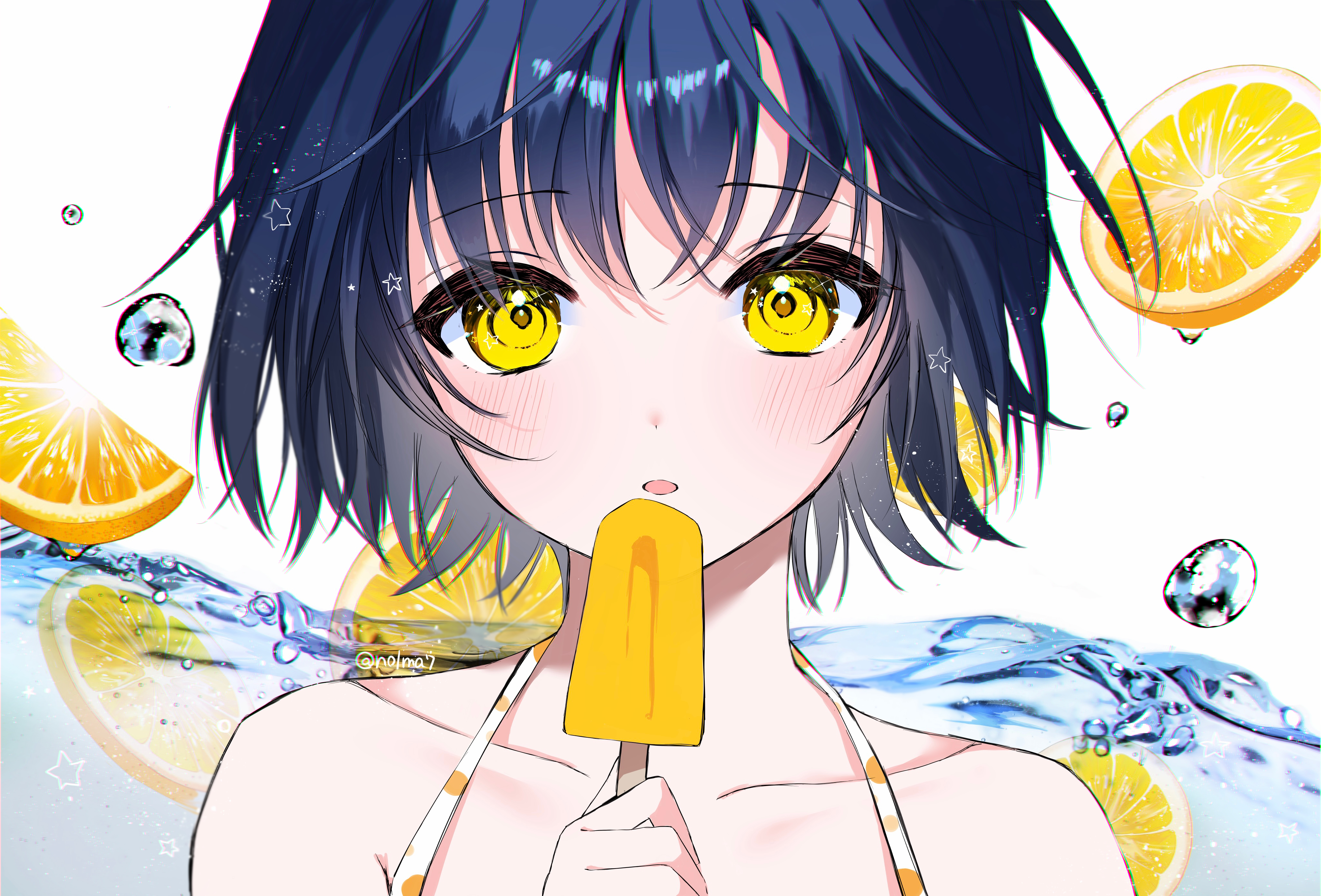Download mobile wallpaper Anime, Girl, Lemon, Yellow Eyes, Blue Hair for free.