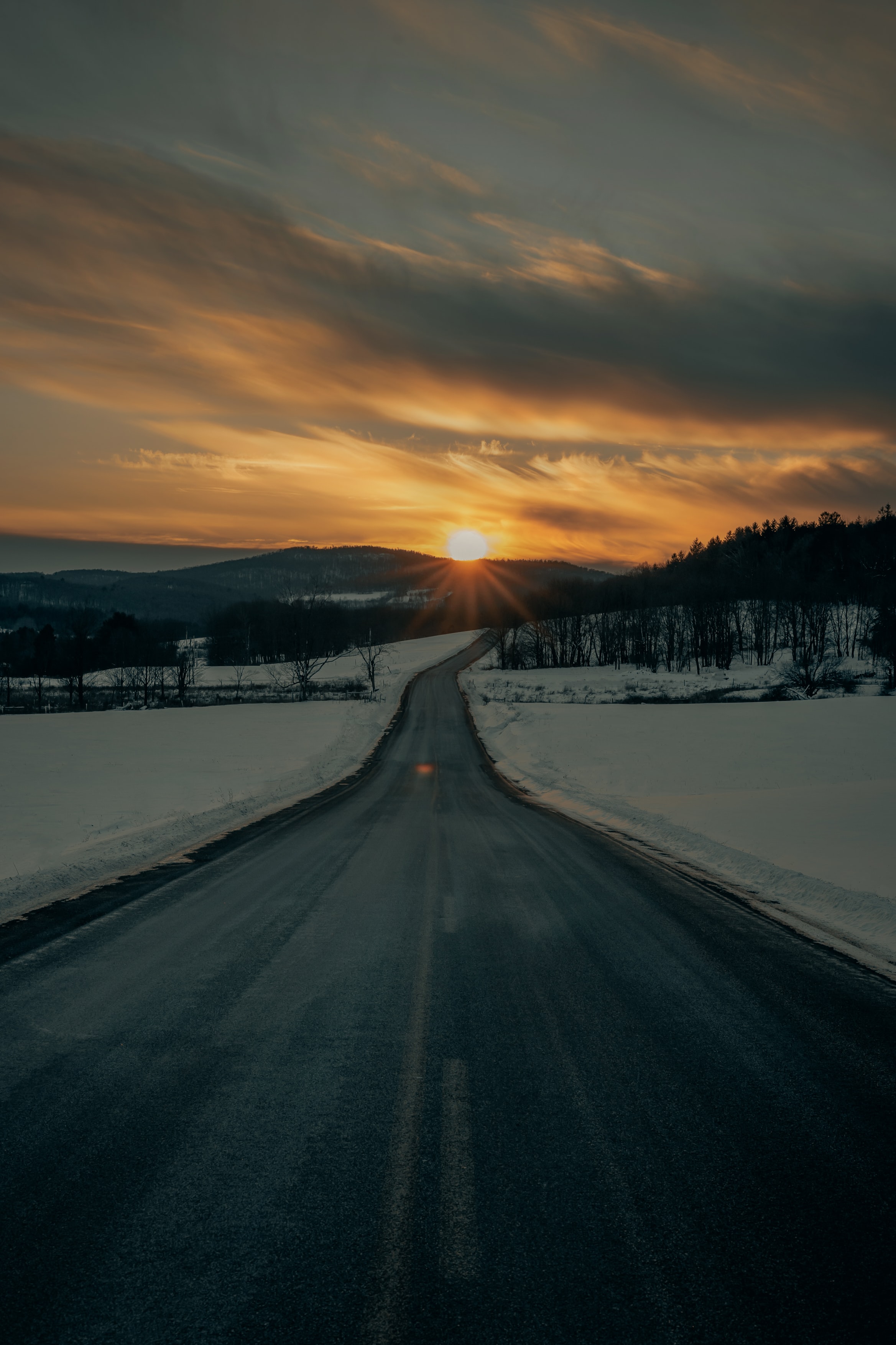 PC Wallpapers sunset, road, nature, winter, snow