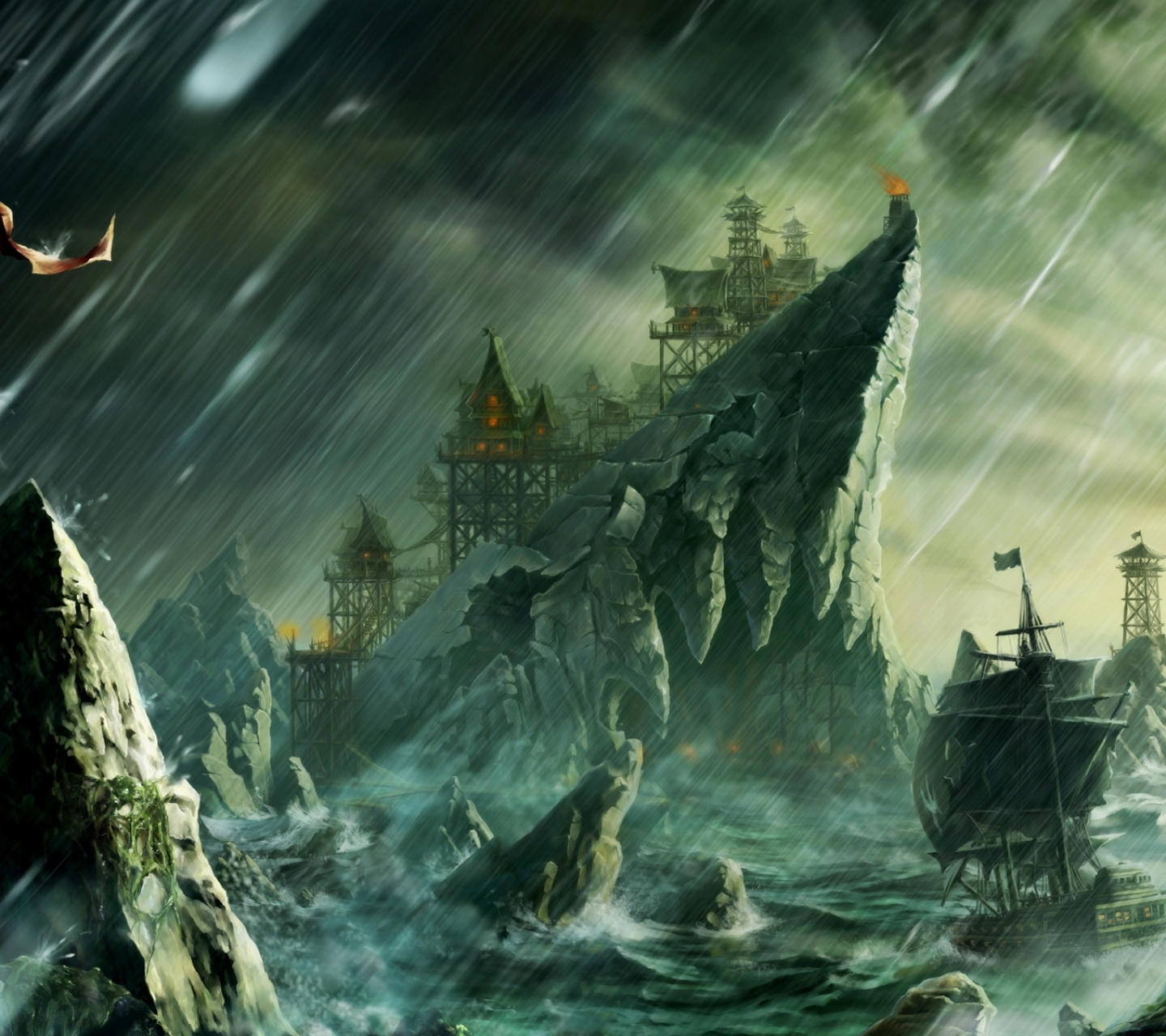 1225068 baixar papel de parede fantasia, pirata, perigo, navegação, barco, edifício forte, baía, crânio, caveira, chuva - protetores de tela e imagens gratuitamente
