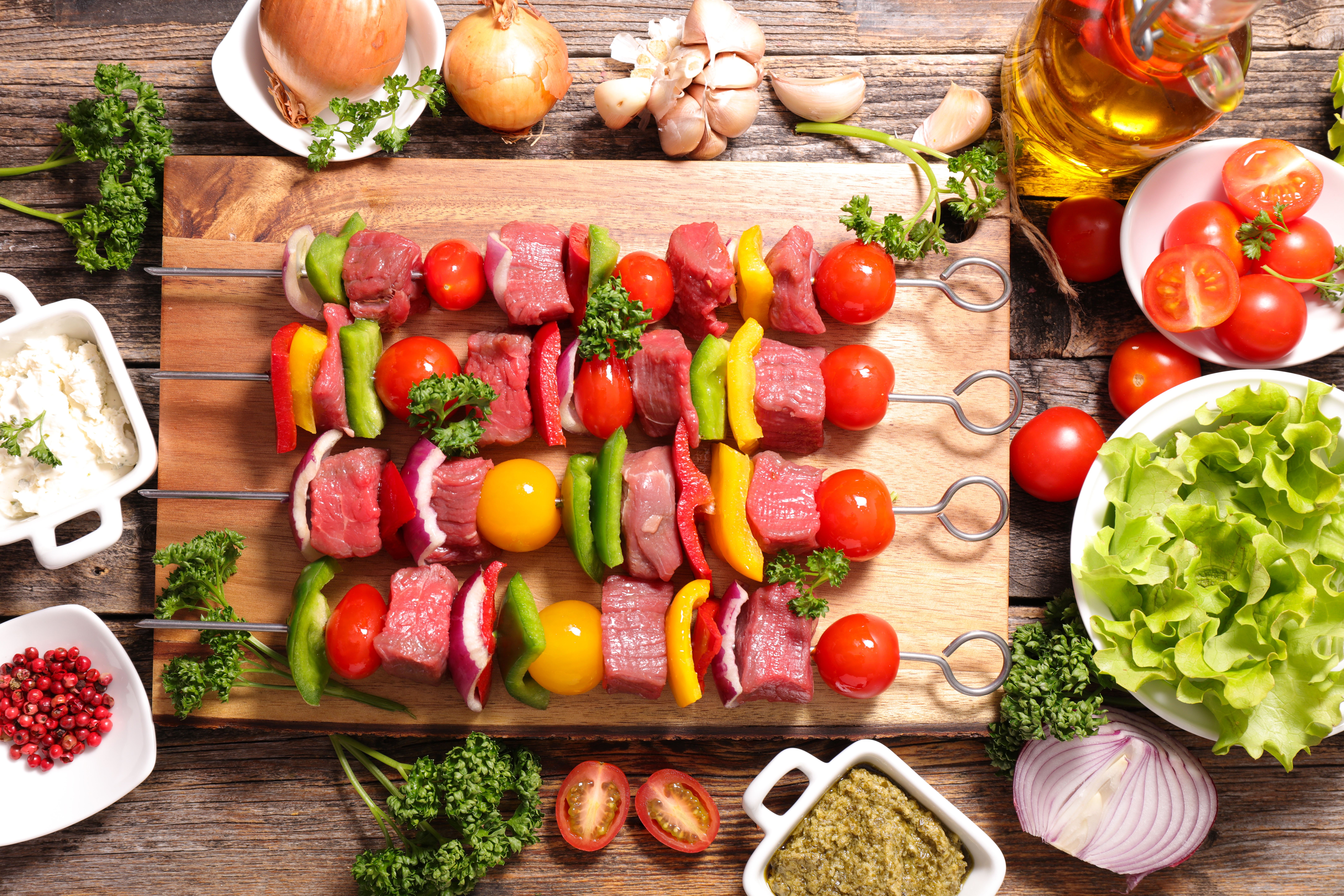 food, barbecue, lettuce, meat, still life, tomato