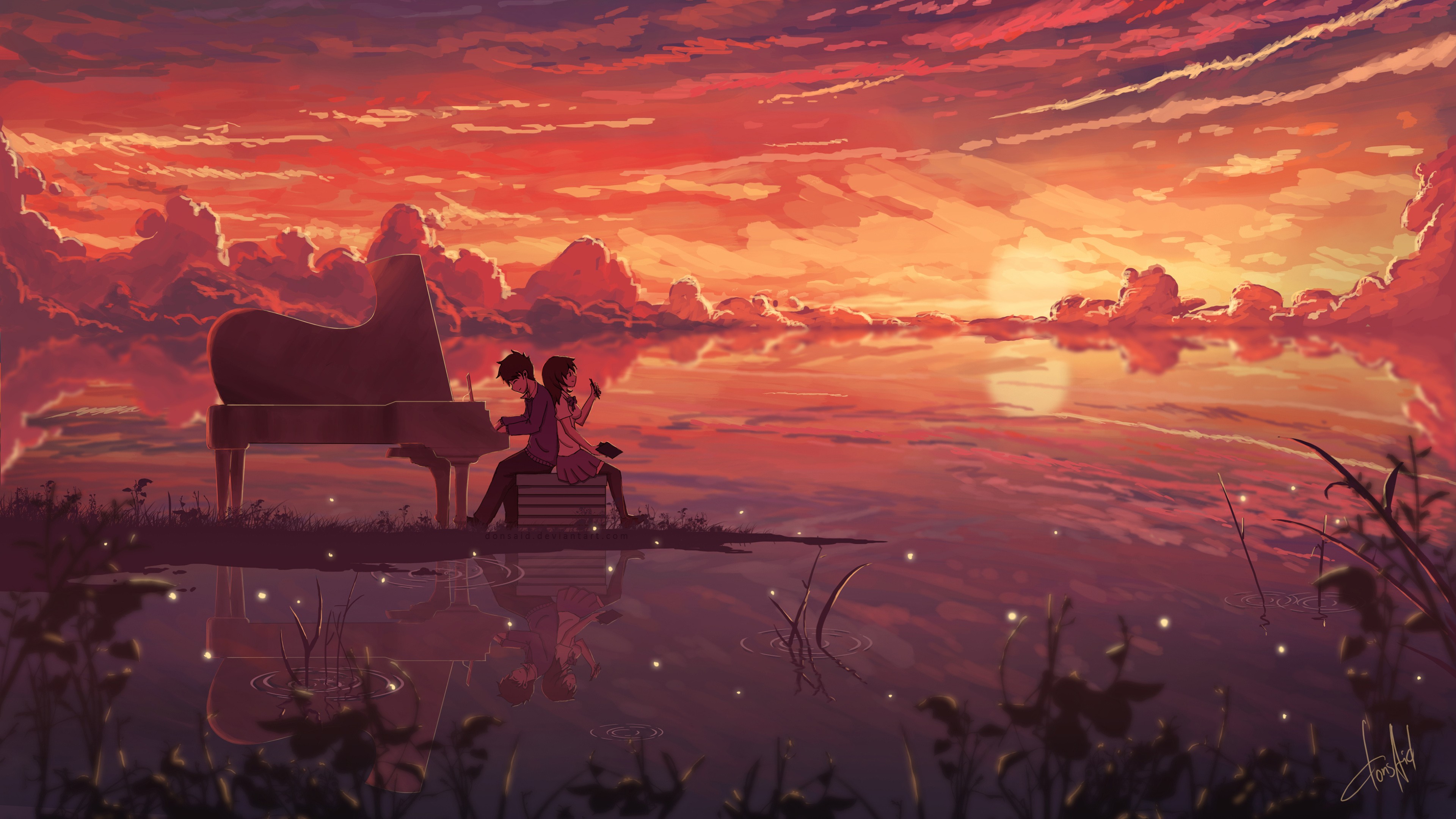 anime, original, piano, sunset