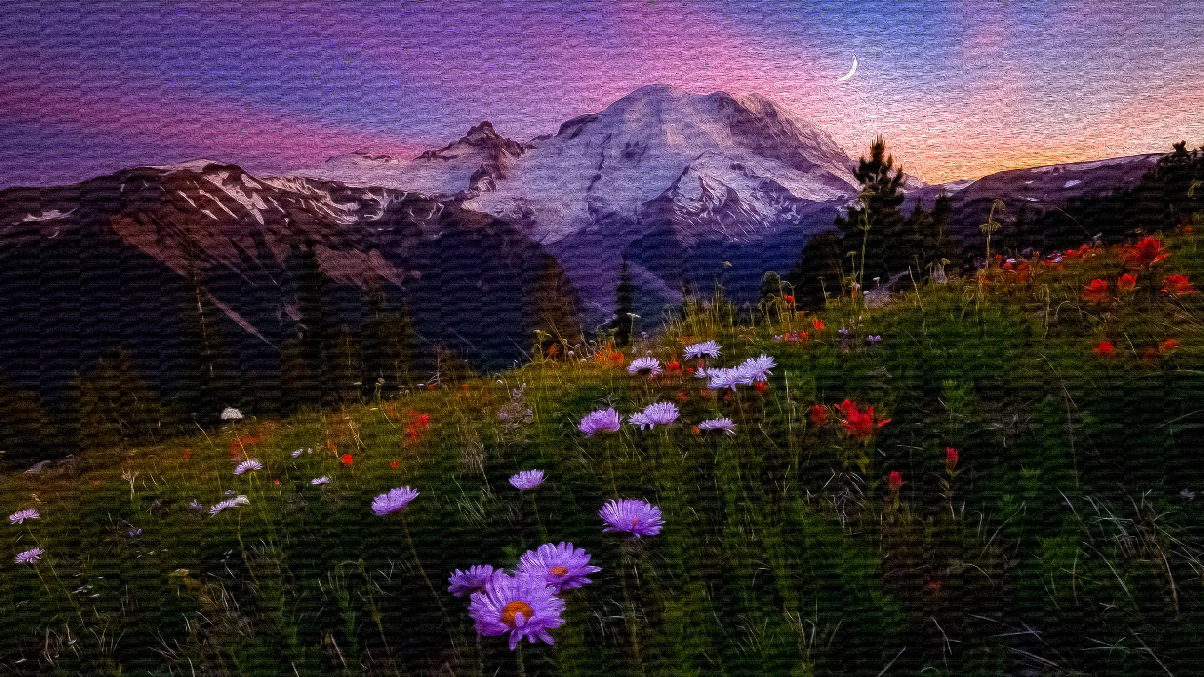 Скачать картинку Пейзаж, Гора, Цветок, Луга, Художественные в телефон бесплатно.