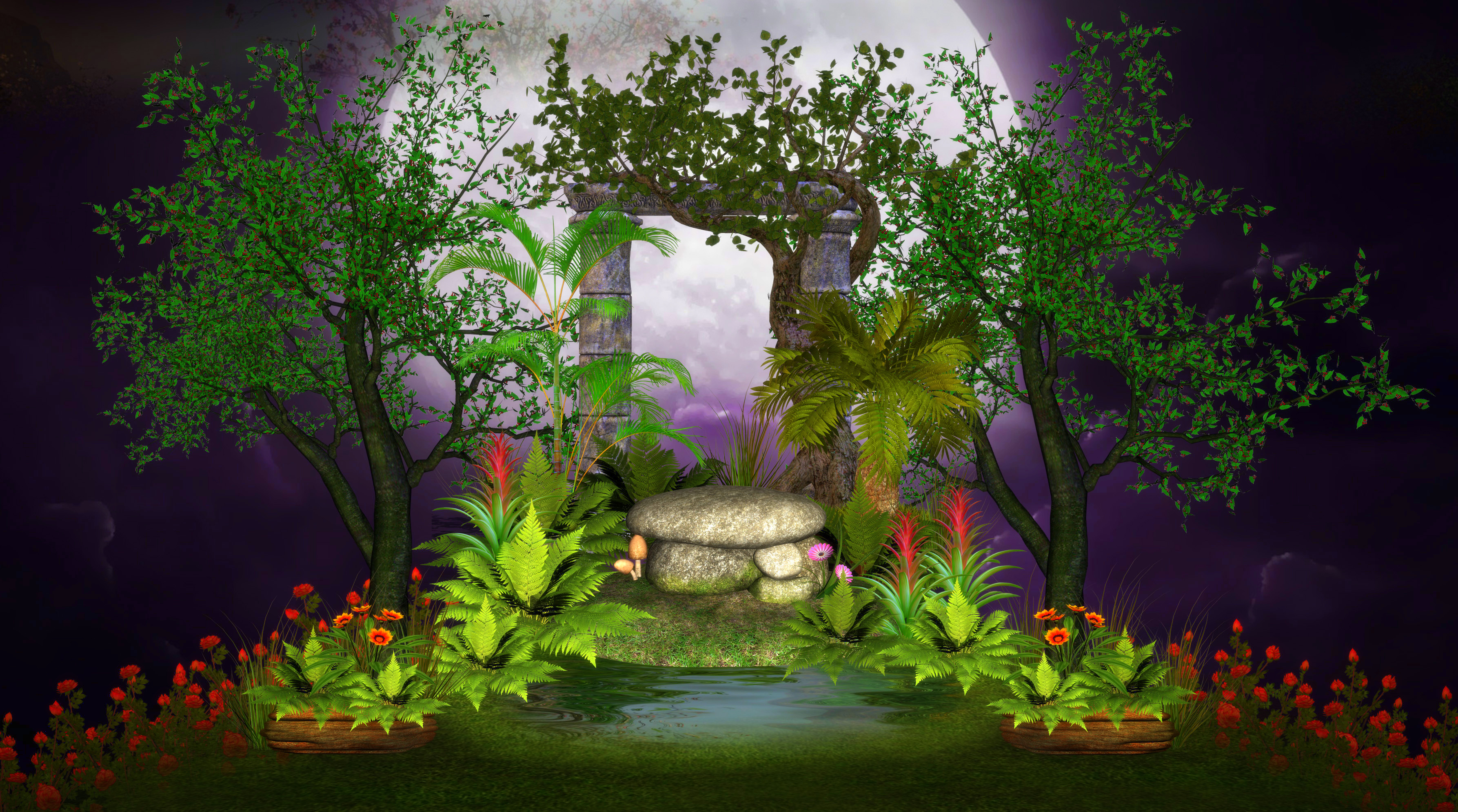 Free download wallpaper Flower, Plant, Forest, Tree, Pond, Spring, Artistic on your PC desktop
