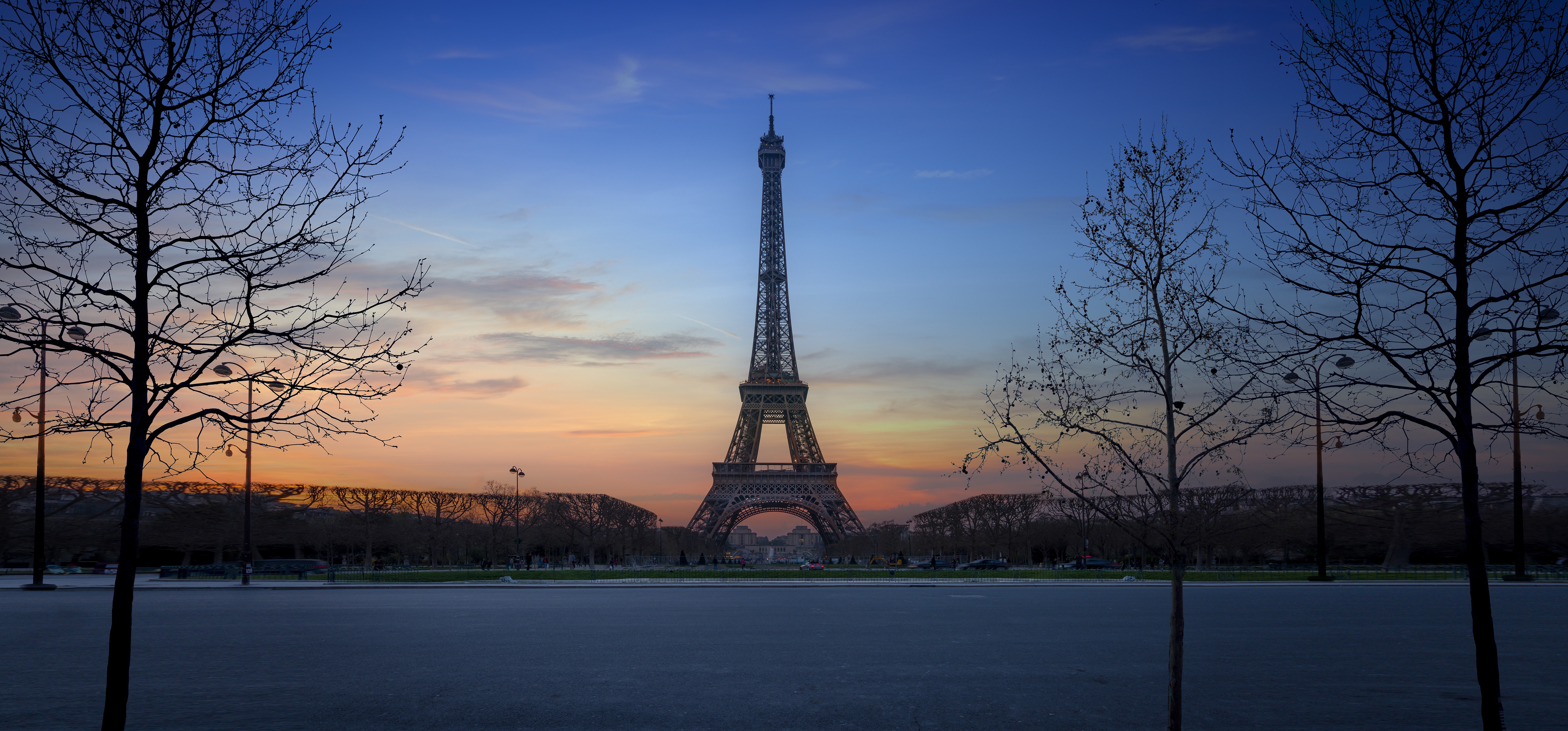france, man made, eiffel tower, dawn, monument, paris, monuments Panoramic Wallpaper