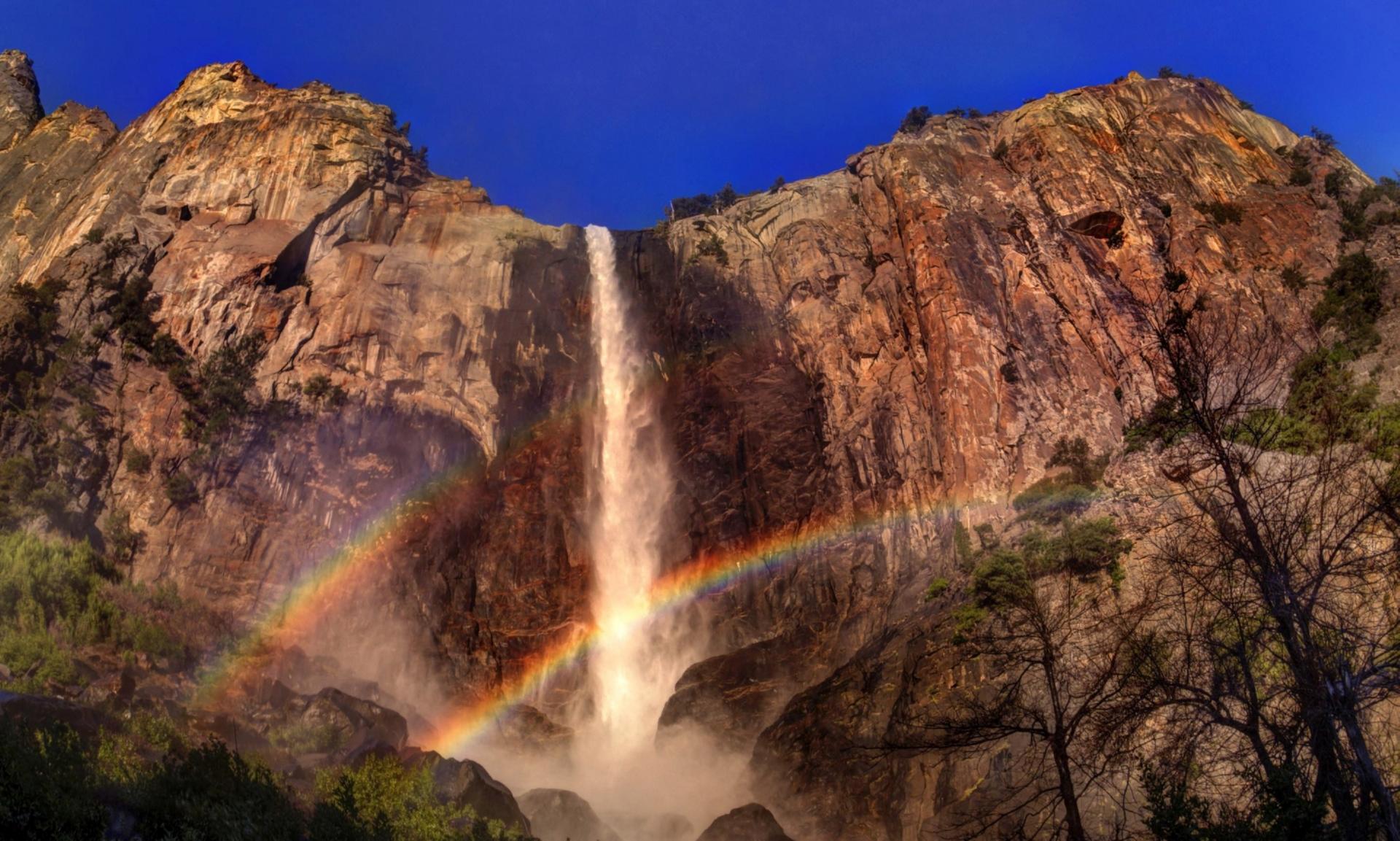 earth, yosemite falls, cliff, rainbow, waterfall, waterfalls