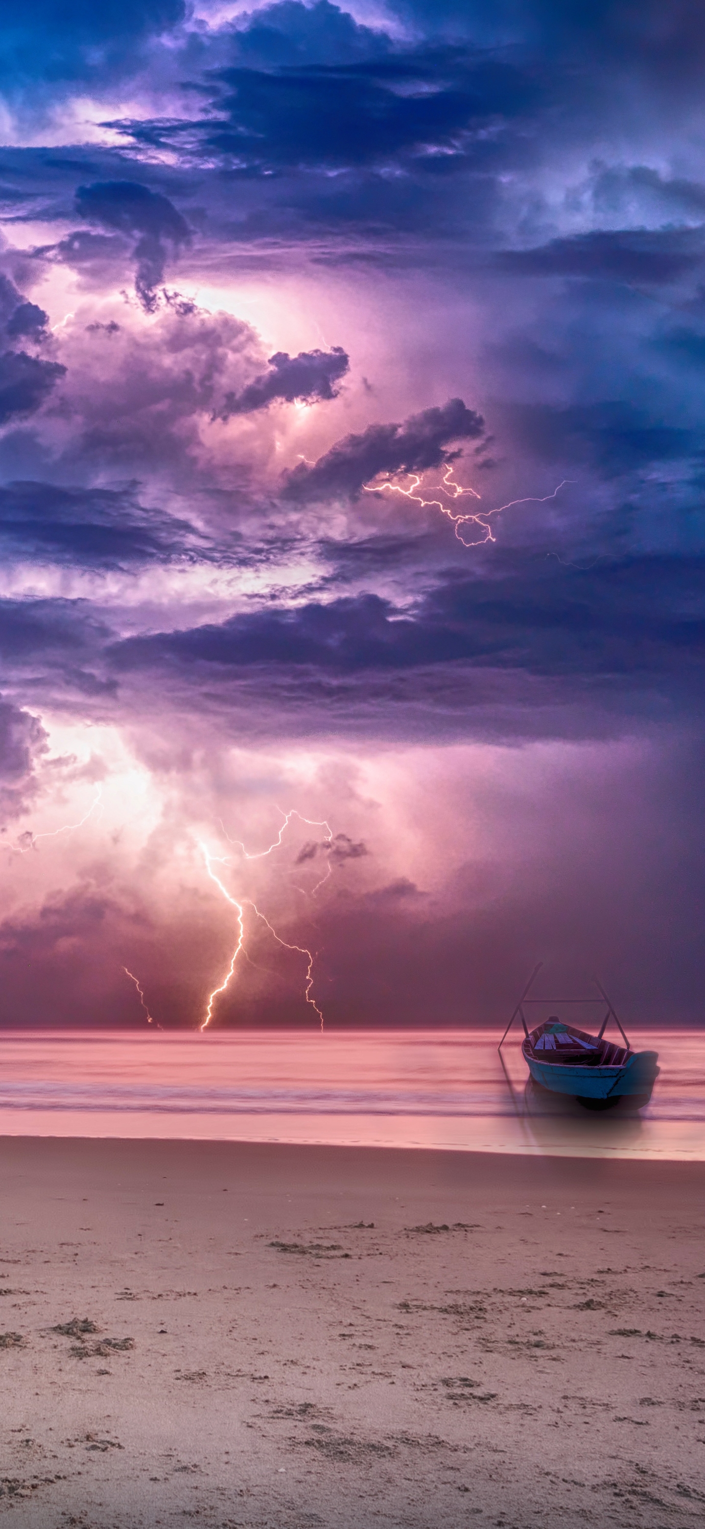 Download mobile wallpaper Beach, Lightning, Boat, Photography for free.