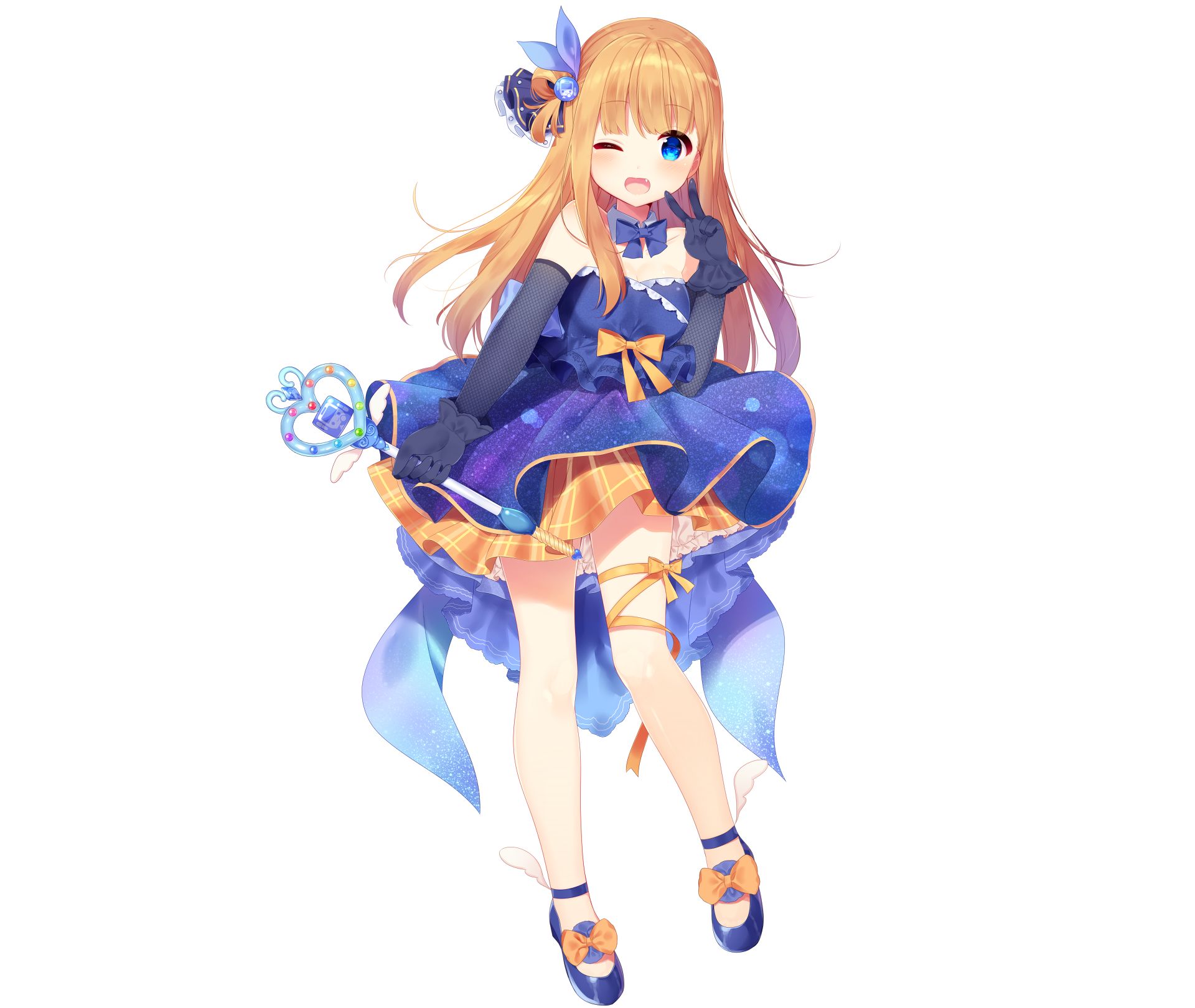 anime, original, blue eyes, bow (clothing), dress, glove, long hair, wand