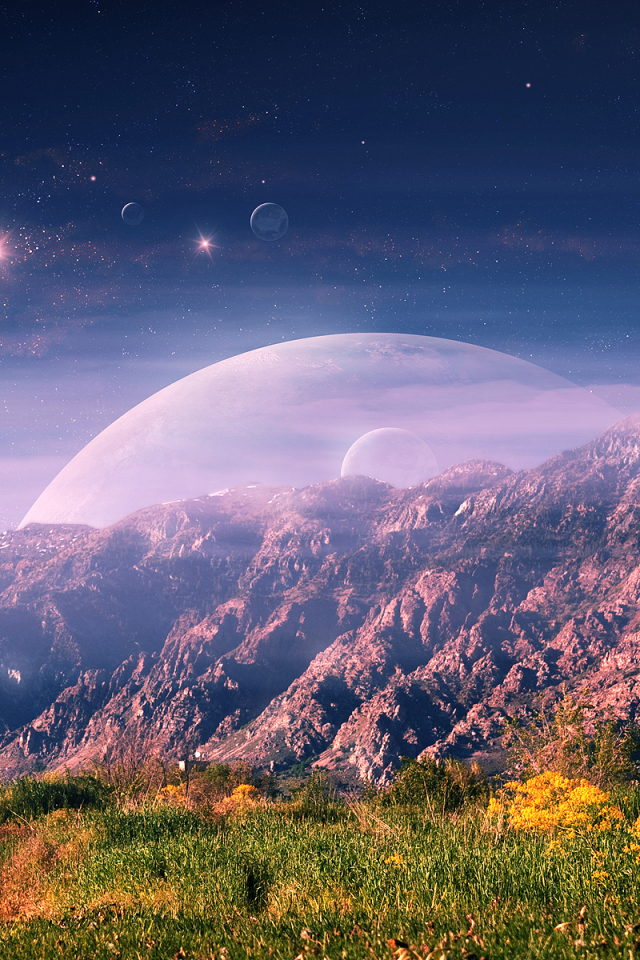 Download mobile wallpaper Landscape, Sky, Stars, Planet, Sci Fi, Photography, Cgi, Manipulation, Trippy, Planetscape for free.