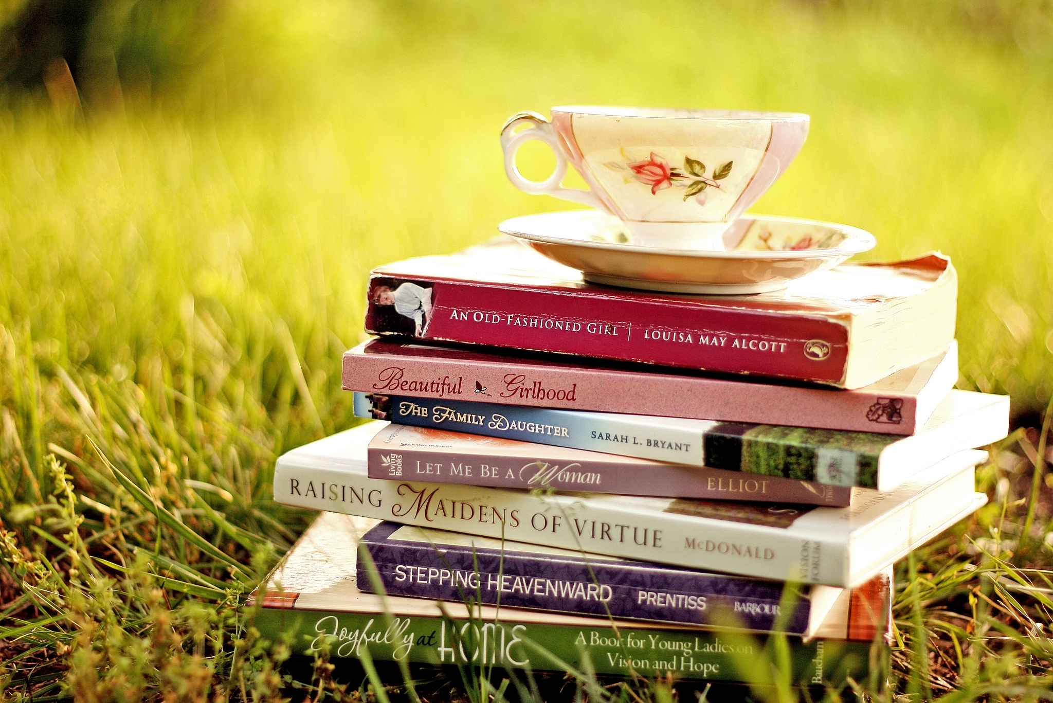 books, grass, miscellanea, miscellaneous, cup, saucer