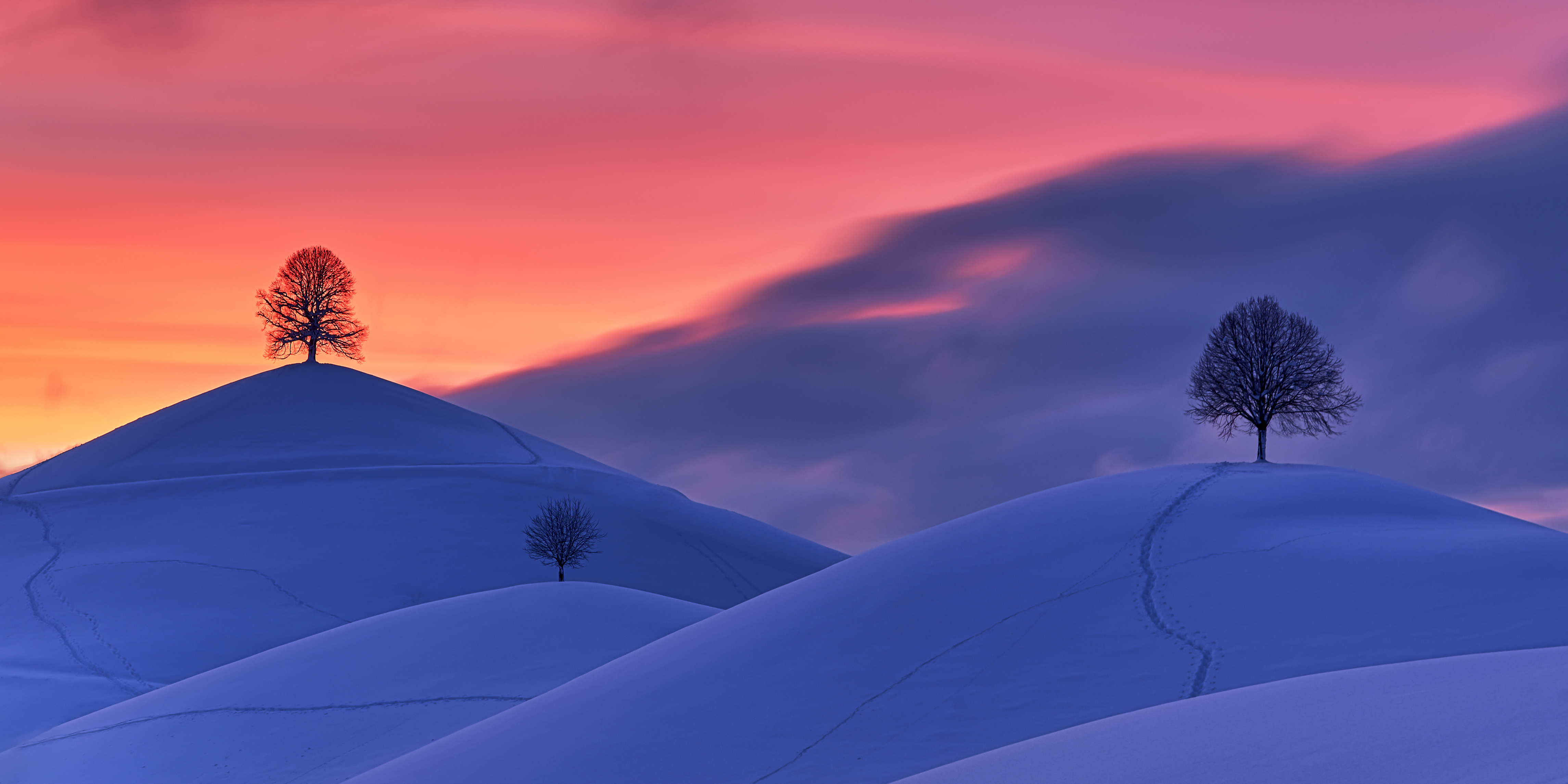 winter, nature, trees, sunset, snow, hills 1080p