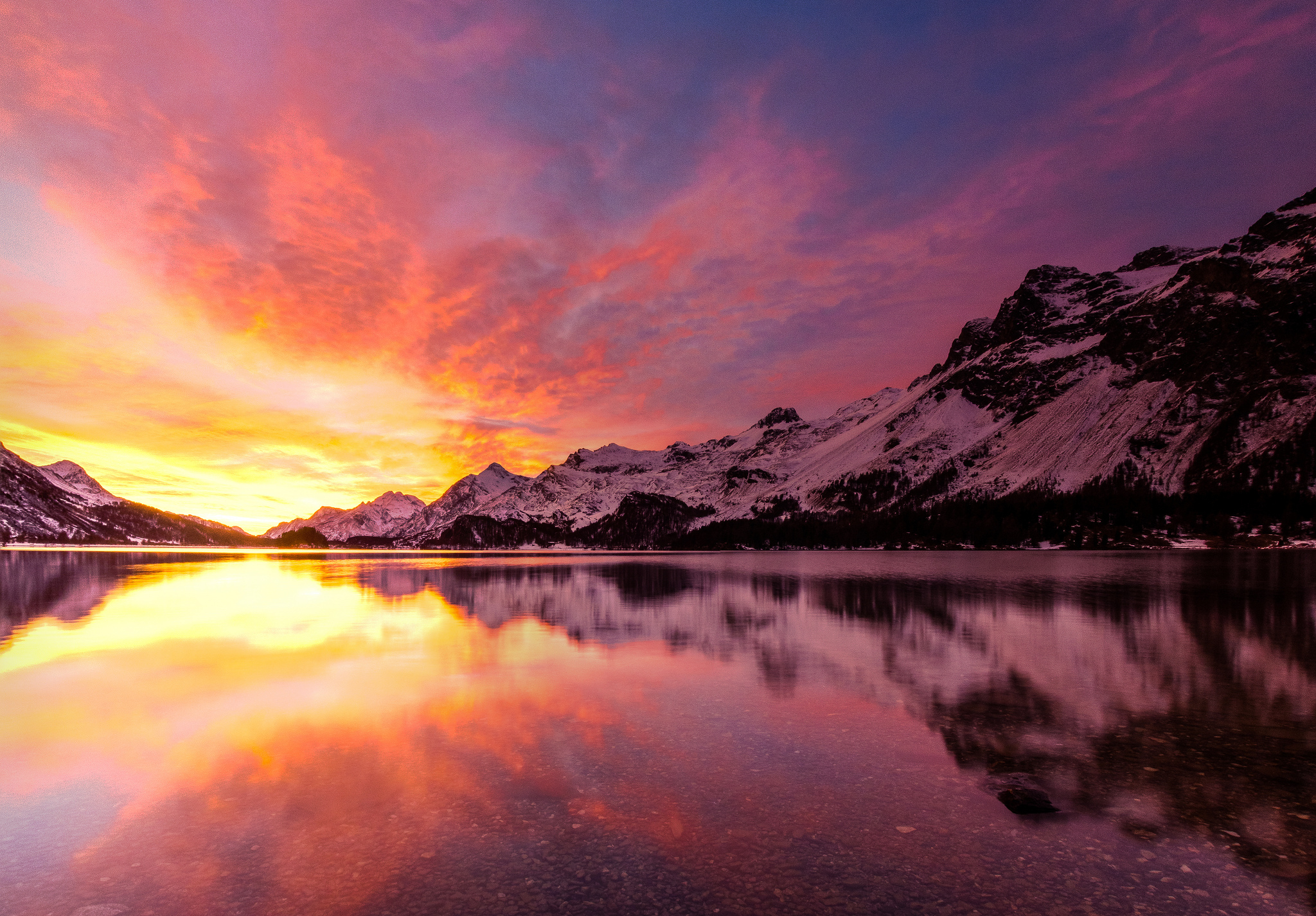 Free download wallpaper Nature, Sunset, Sky, Snow, Mountain, Lake, Reflection, Earth, Cloud on your PC desktop