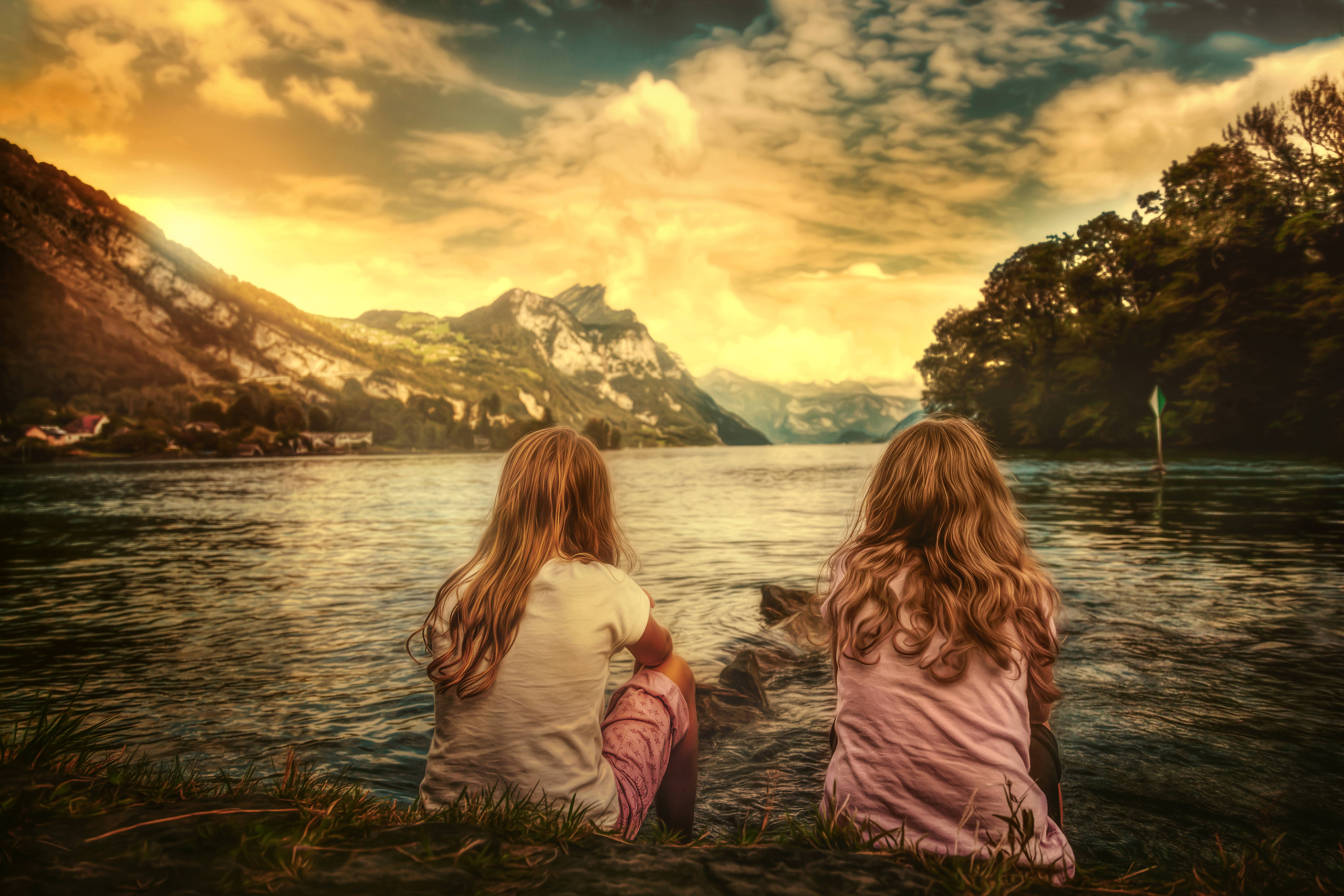 Скачать картинку Пейзаж, Природа, Облака, Гора, Озеро, Швейцария, Ребёнок, Фотографии, Светиться в телефон бесплатно.