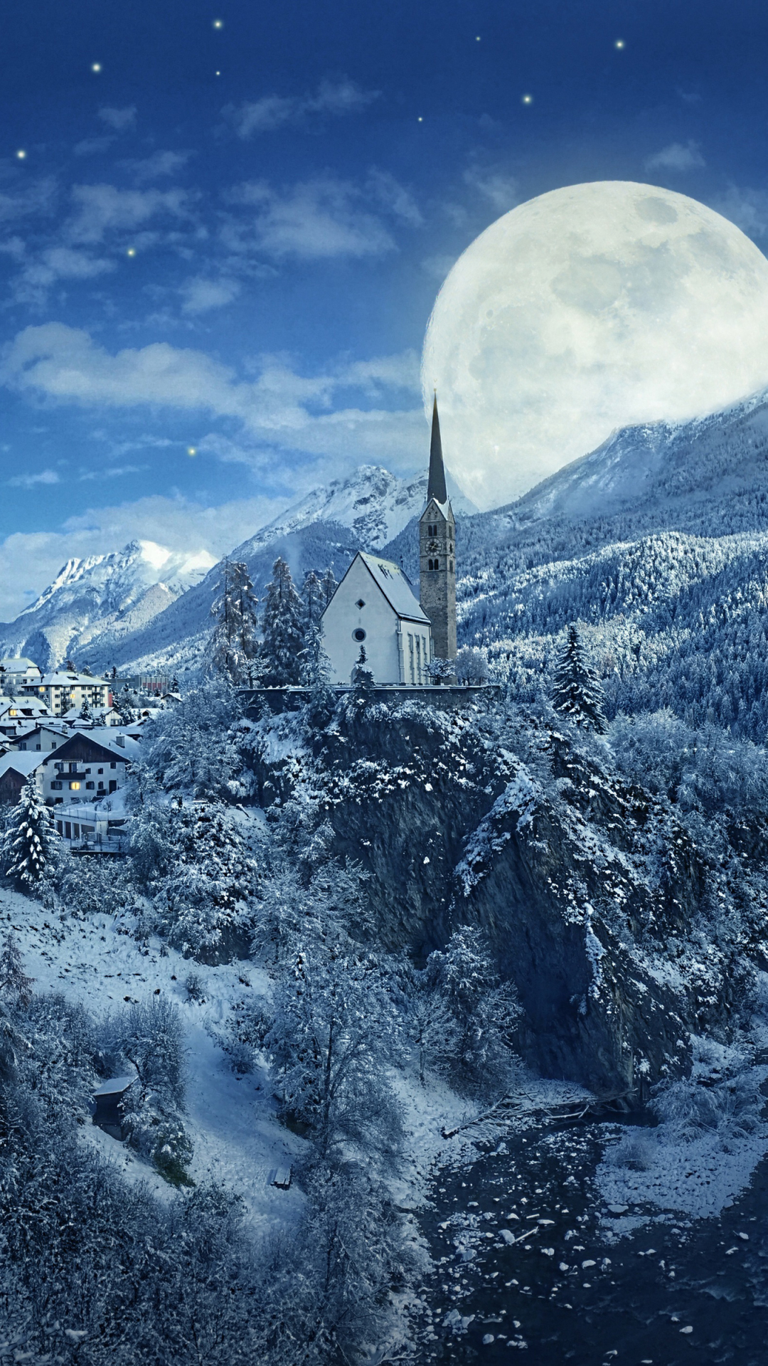 Download mobile wallpaper Landscape, Winter, Moon, Snow, Mountain, Tree, House, Photography, Town for free.