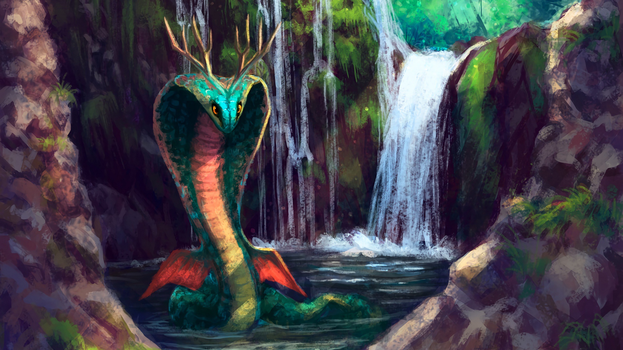 Download mobile wallpaper Fantasy, Waterfall, Animal, Snake, Fantasy Animals for free.
